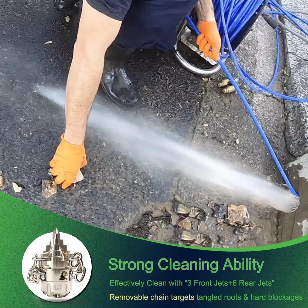 Boquilla giratoria de chorro de alcantarillado NPT de 1/2 - Cortar raíces, para lavadoras a presión de 2900 psi, 40 l/min (10.57 GPM), herramienta de limpieza de drenaje de acero inoxidable