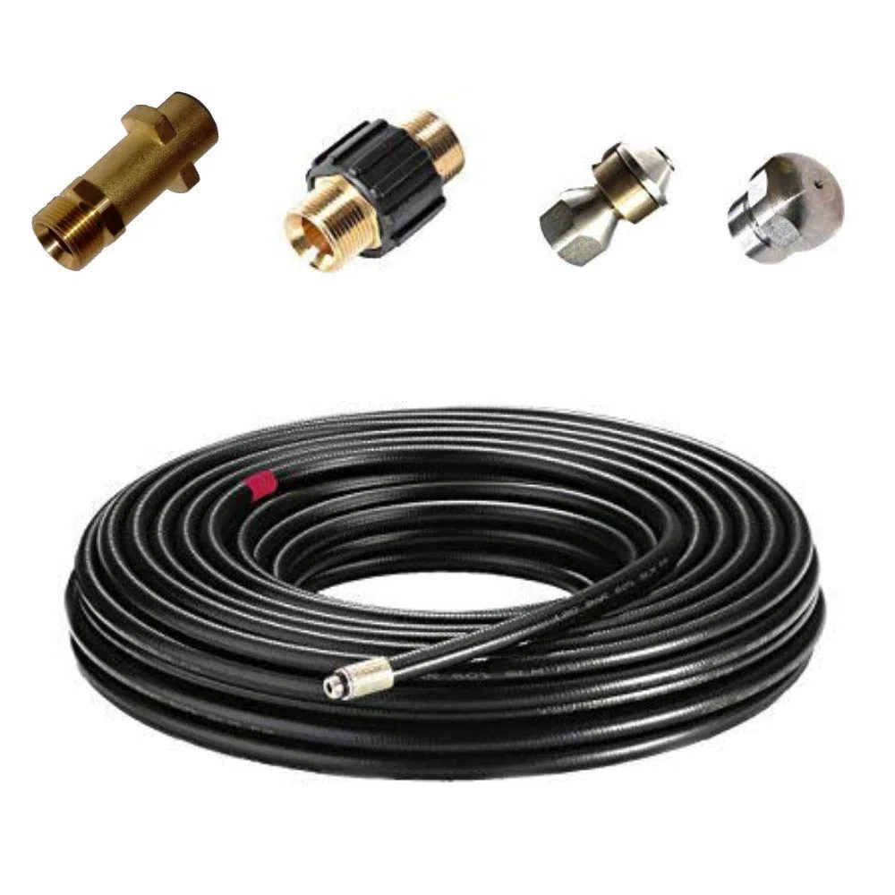 M&M Smartek kit limpieza tuberías 5 piezas 100 m para Kärcher, alta presión | Kit desatascador con manguera, adaptadores y boquillas según variante; comprobar conexiones, presión, contenido y equipo.