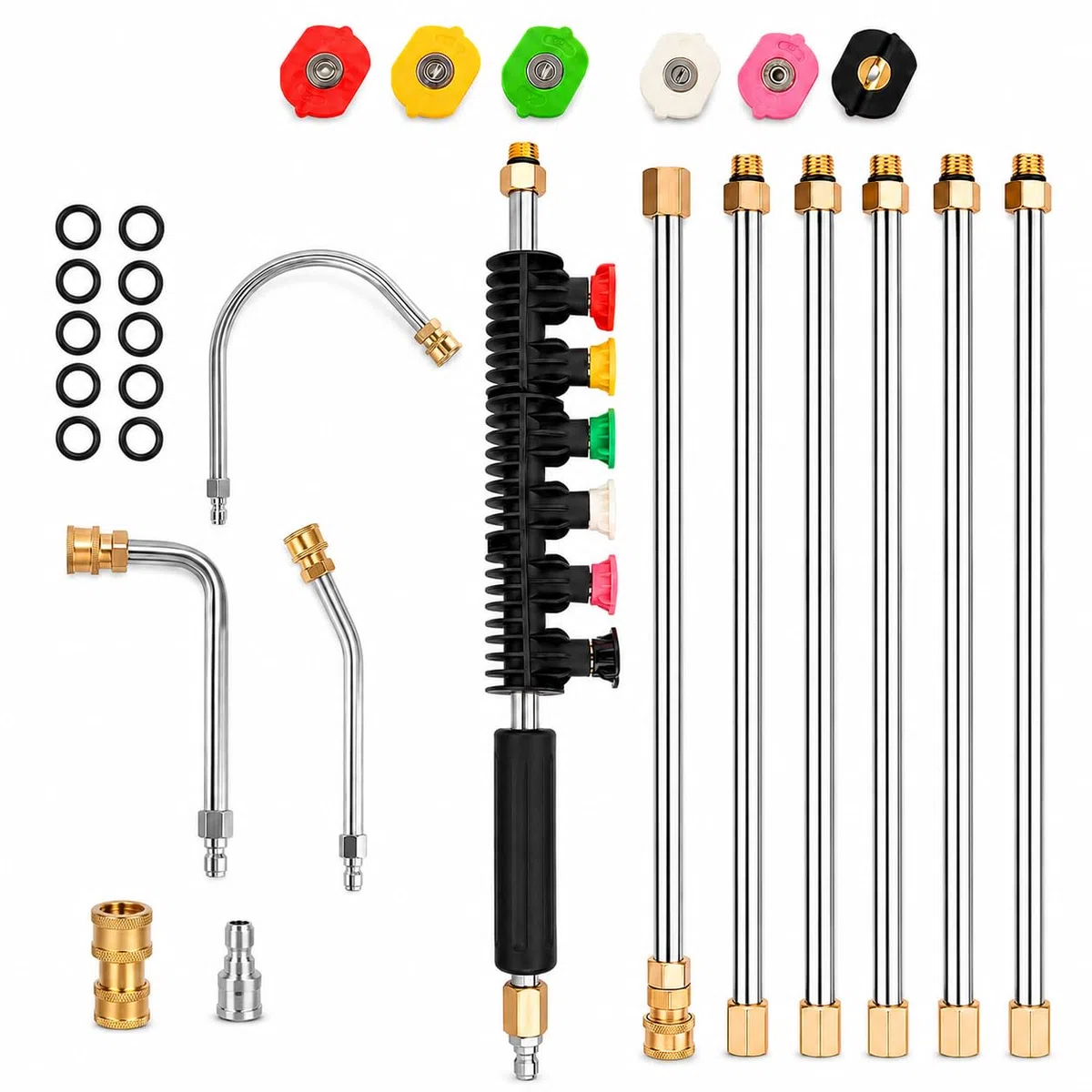 Varita de extensión para lavadora a presión para limpieza de canalones, 105 pulgadas, 4000 PSI, incluye 6 puntas de boquilla y 3 varillas curvas, conexión rápida de 1/4 pulgadas
