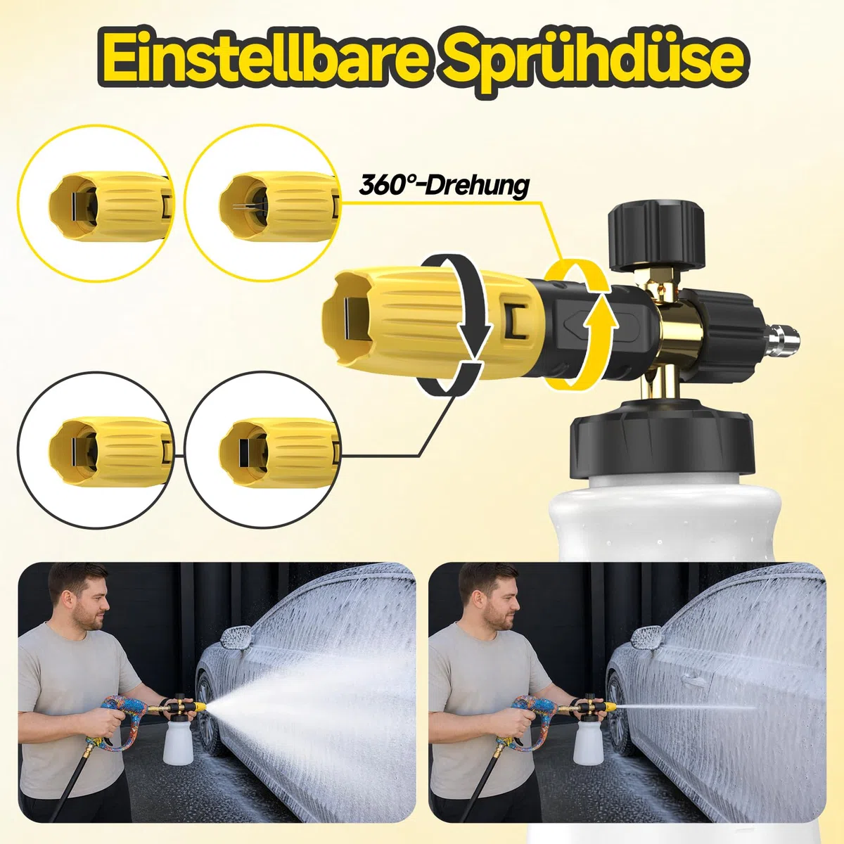 Set Pistola hidrolimpiadora, cañón Espuma 1L, acople rápido 1/4" | Cañón espuma 1L, caudal espuma regulable, 5 boquillas, 4000PSI, para Kärcher K2, K3, K4, K5, K6 y K7, para lavado de coches