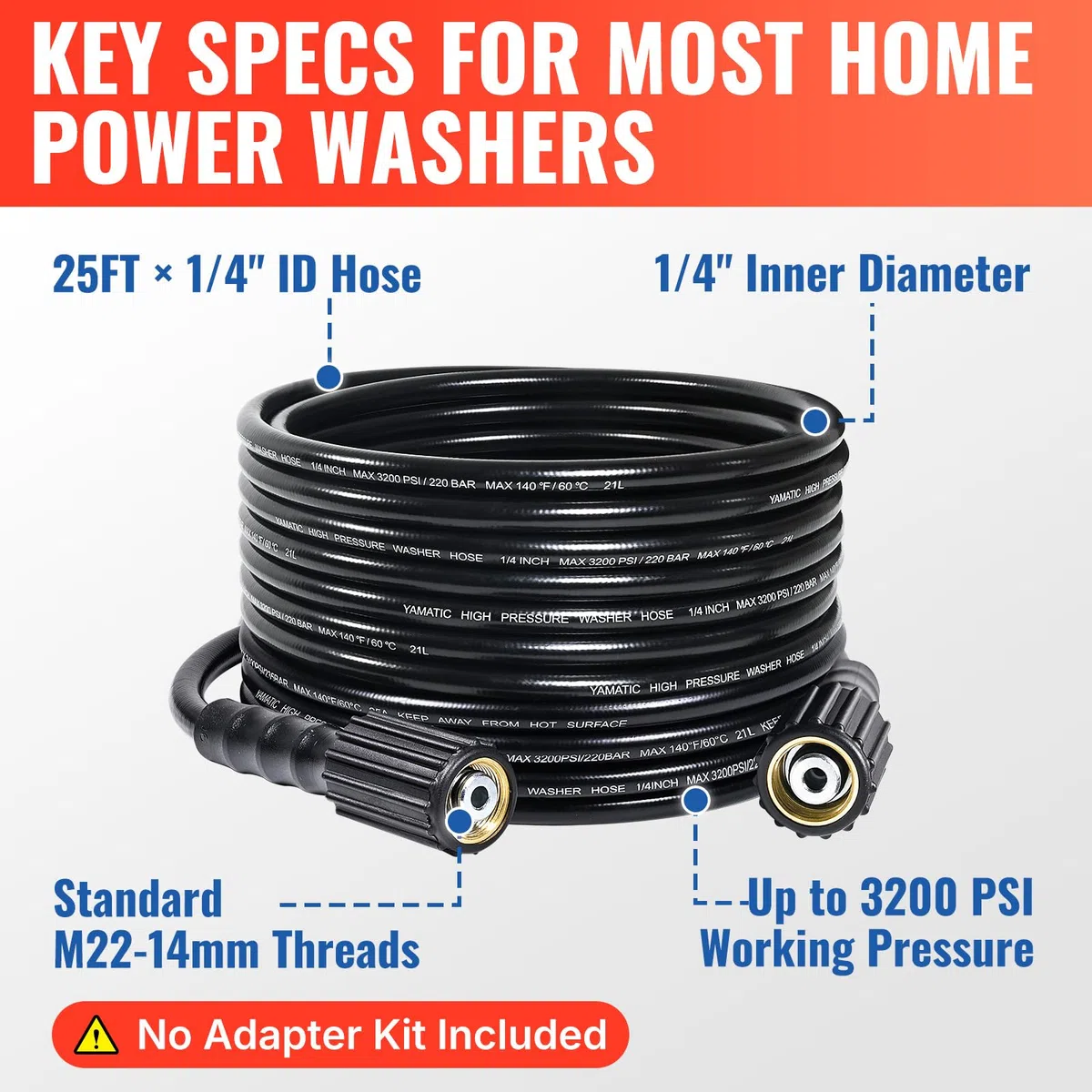 YAMATIC Manguera de lavado a presión de 25 pies 1/4 pulgadas ID, accesorios de latón M22 estándar de Estados Unidos, 3200 PSI resistente a las torceduras de repuesto para lavadoras de alta potencia