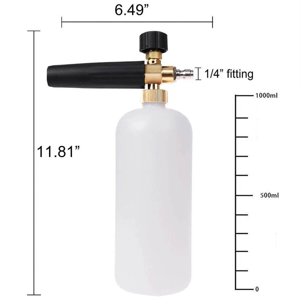 Cañón de espuma con conector rápido de 1/4 pulgadas, botella de 1 litro, grado profesional, liberación de uick (hasta 3200 PSI)
