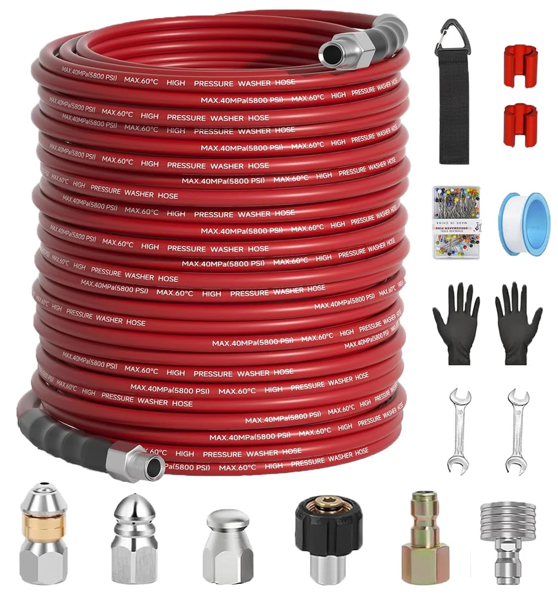 Kit de chorro de alcantarillado de 150 pies para lavadora a presión de 5800 PSI, manguera de drenaje NPT de 1/4 pulgadas con enchufe rápido de 1/4 pulgadas, 3 boquillas de chorro de