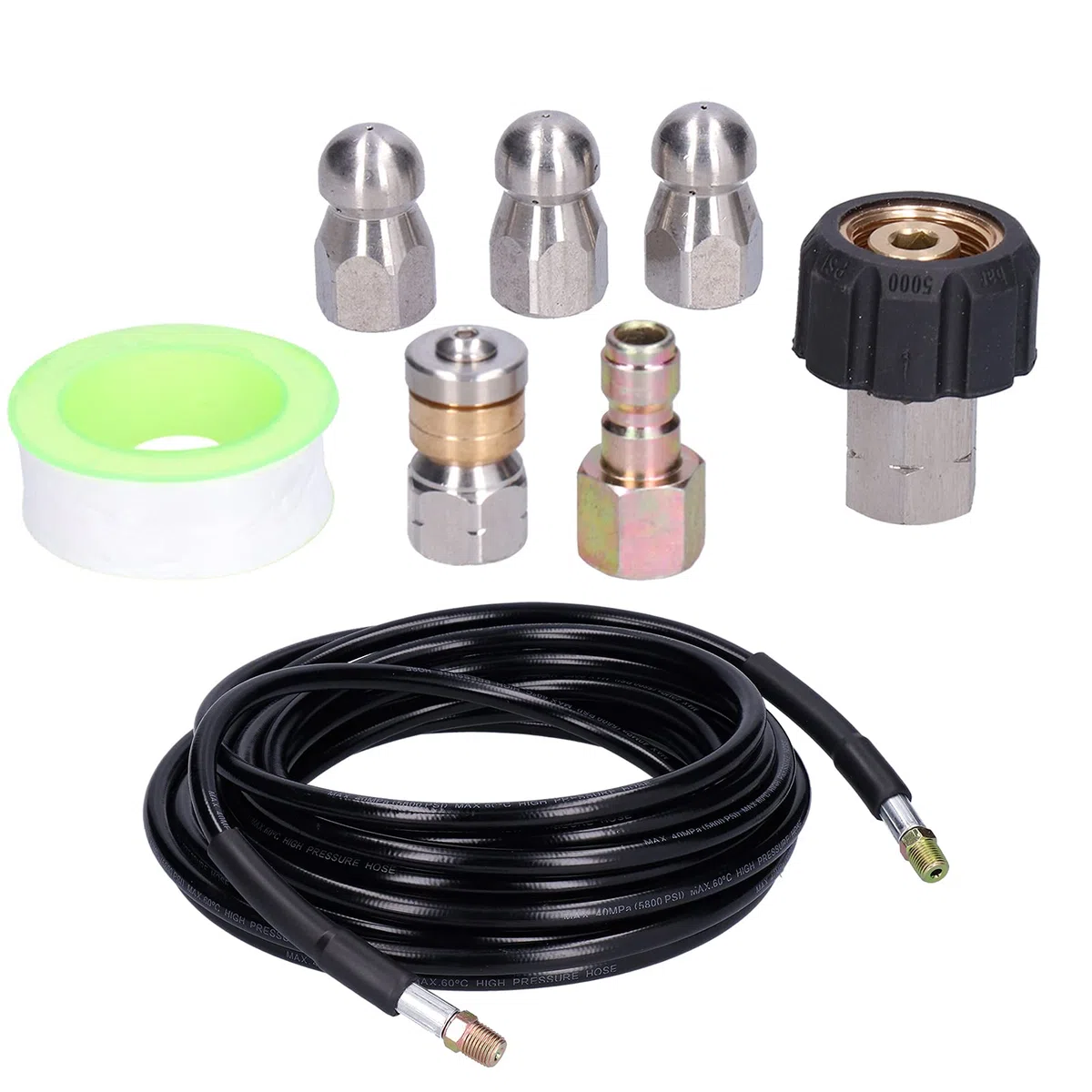 Kit de Limpieza de desagües con Manguera para desatascos y Chorro a presión, Manguera de 10 Metros para Lavadora a presión con Conector rápido y Boquilla giratoria, para el