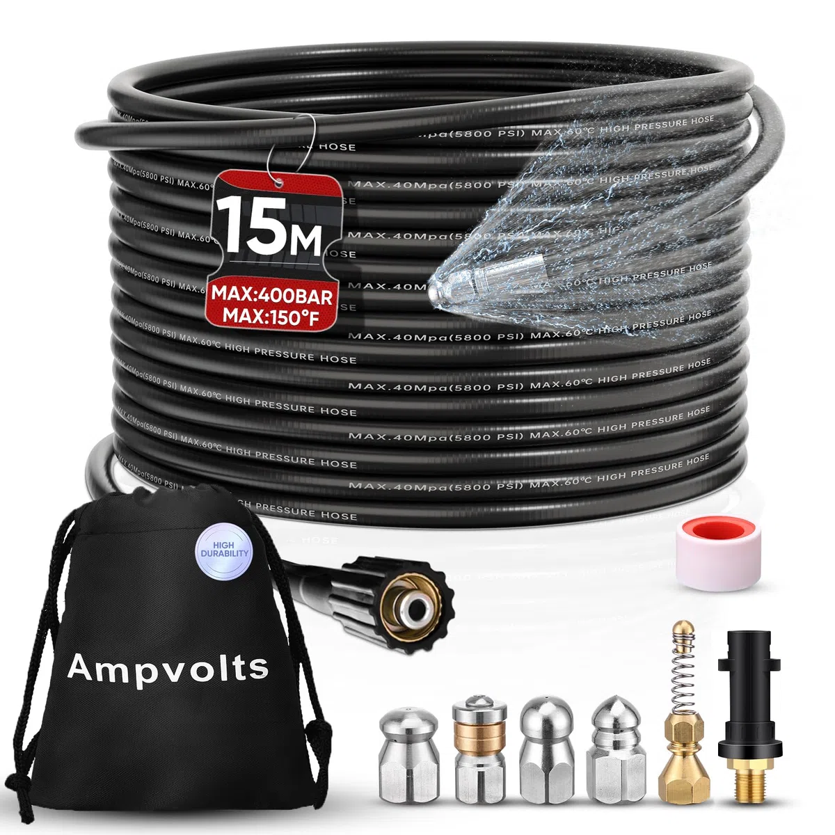 Desatascador de Tuberías a Presión - 400 Bar/5800 PSI, 5 boquillas y Adaptador Karcher Compatible con Hidrolimpiadoras Karcher K2 K3 K4 K5 K6 K7 (15M, Adaptador Karcher Estándar)