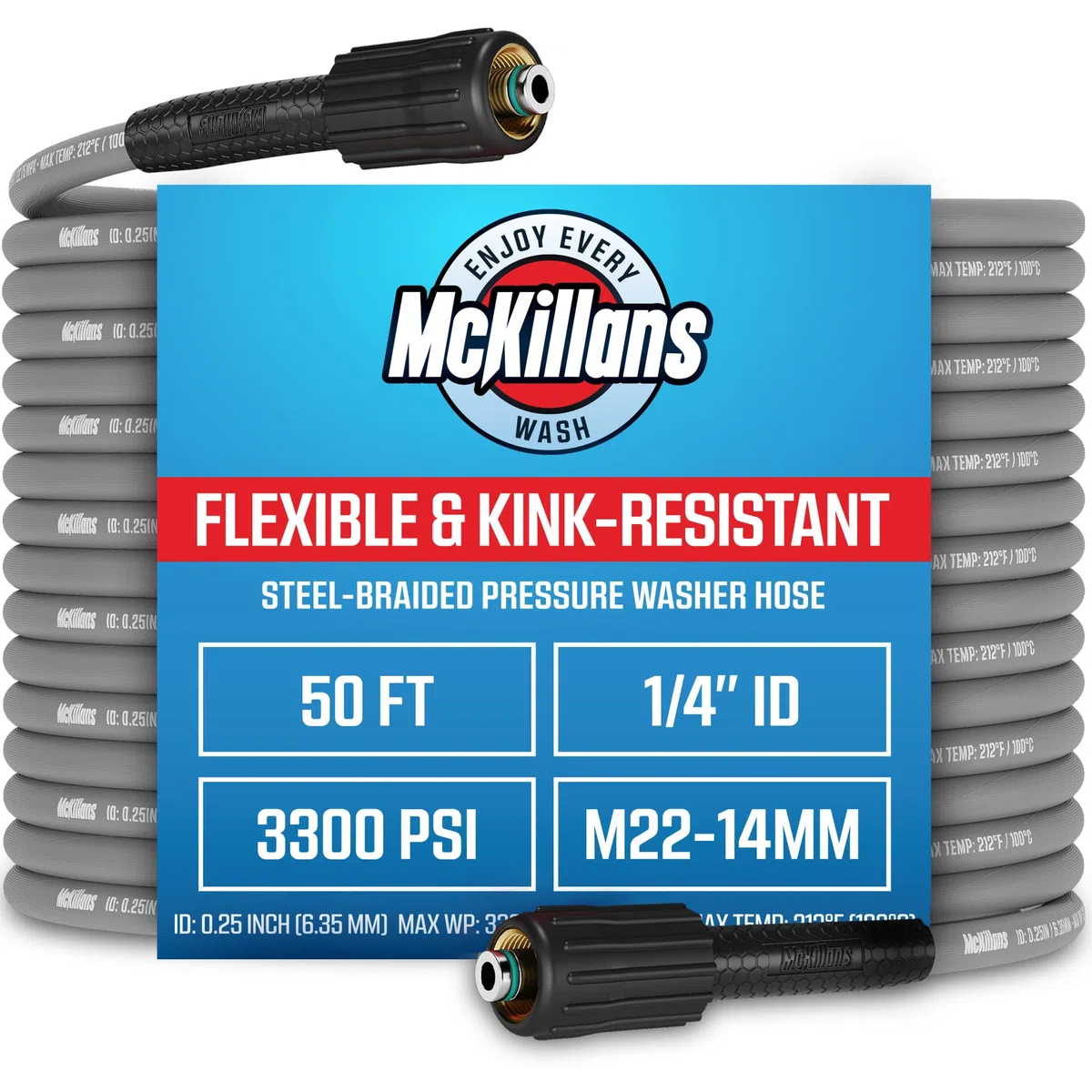 McKillans Manguera de lavado a presión de 50 pies, flexible y resistente a las torceduras, trenzada de acero y duradera, enchufe de acero inoxidable M22-14 mm, manguera de lavado eléctrico, diámetro