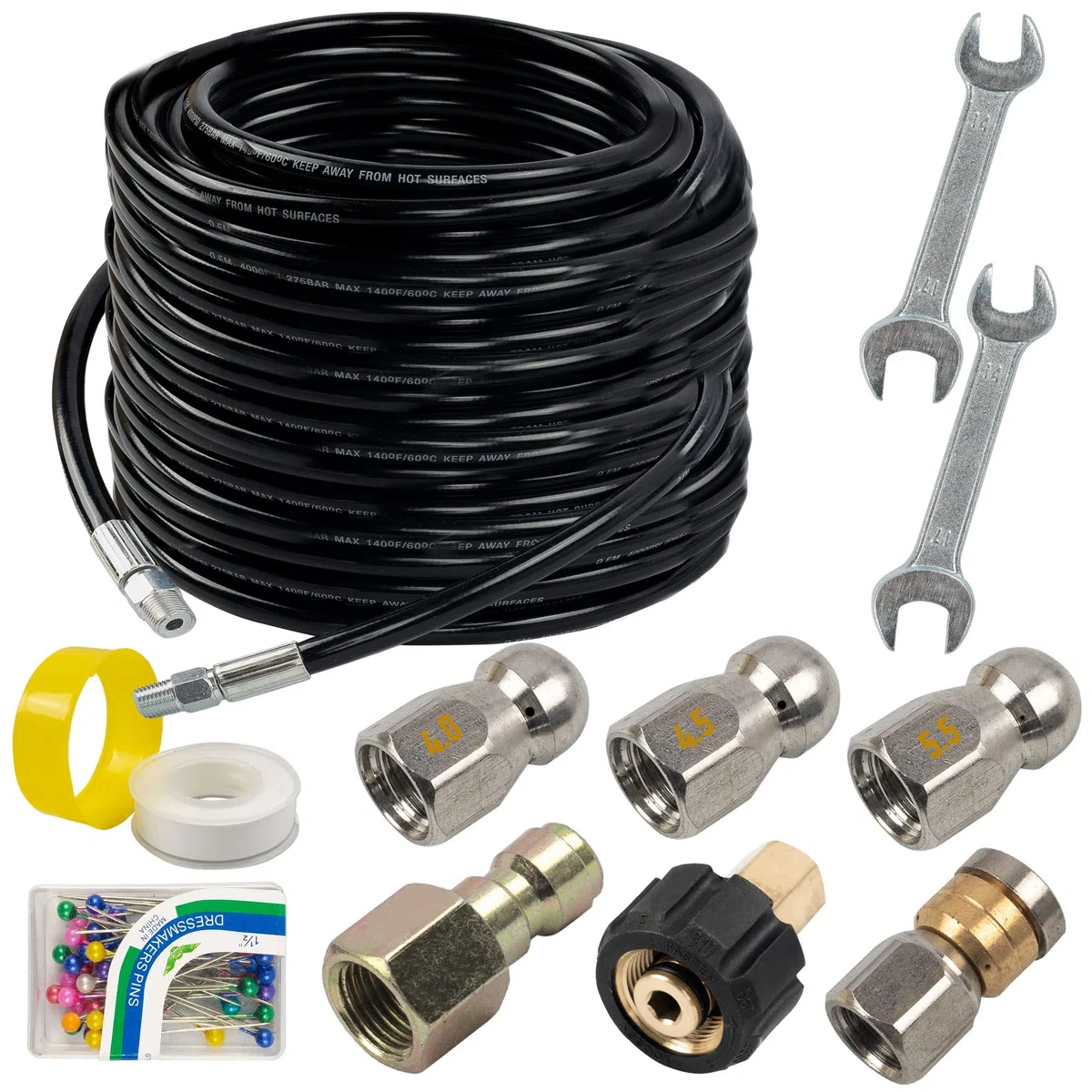 Hourleey Kit de Chorro de alcantarillado de 100 pies para Lavadora a presión, Manguera limpiadora de Drenaje NPT de 1/4 Pulgadas, Orificio de 4.0 Nariz de botón y Boquilla giratoria de Chorro de