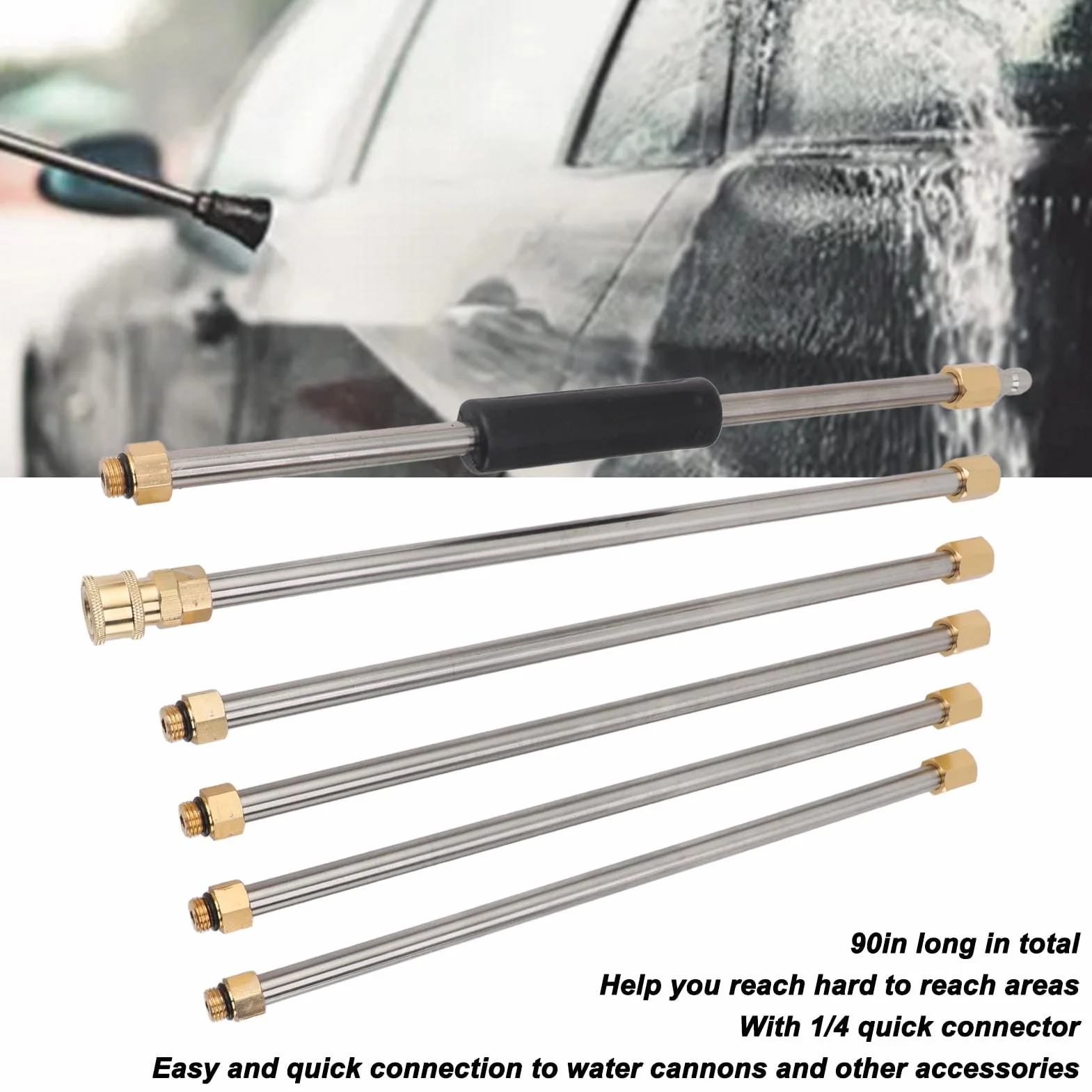 Ventita de Extensión de Lavadora a Presión, Lanza de Lavado de Acero Inoxidable y Acero Inoxidable de 90 Pulgadas para la Limpieza del Techo y el Automóvil, Accesorios de
