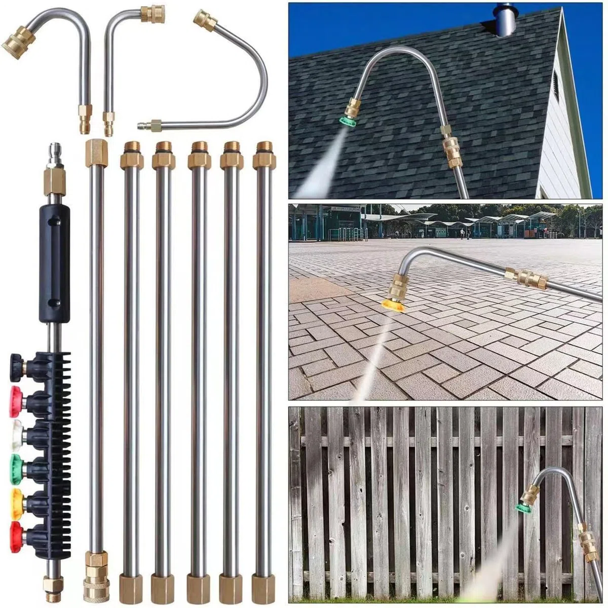 Varilla telescópica para hidrolimpiadora, varilla de extensión para canalones | Juego de varilla de extensión para arandela - Barra de limpieza de canalones 4000PSI conector de 1/4 de pulgada