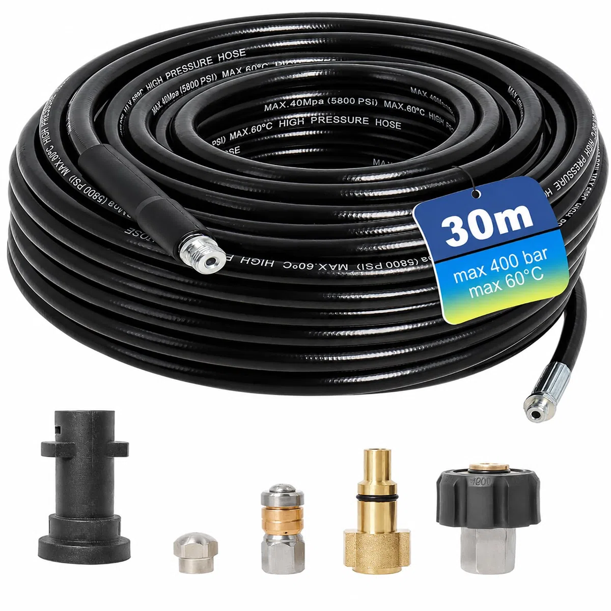 Gekufa Manguera Hidrolimpiadora 30m, 400 bar inkl. | Manguera Desatascador Tuberias Compatible con Kärcher, Lavor, Bosch , Adecuado para Limpiar Bajantes