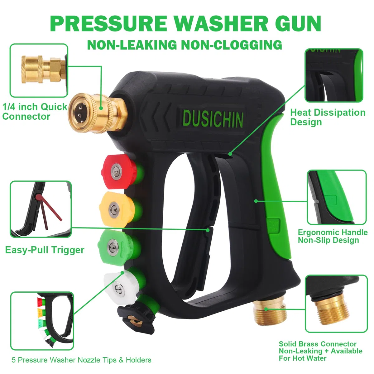 DUSICHIN Pistola de lavado a presión corta, boquilla de cañón de espuma de doble conector, kit de cañón de espuma de lavado de coche, conector rápido de 1/4 pulgadas, 5 puntas de boquilla de lavado a