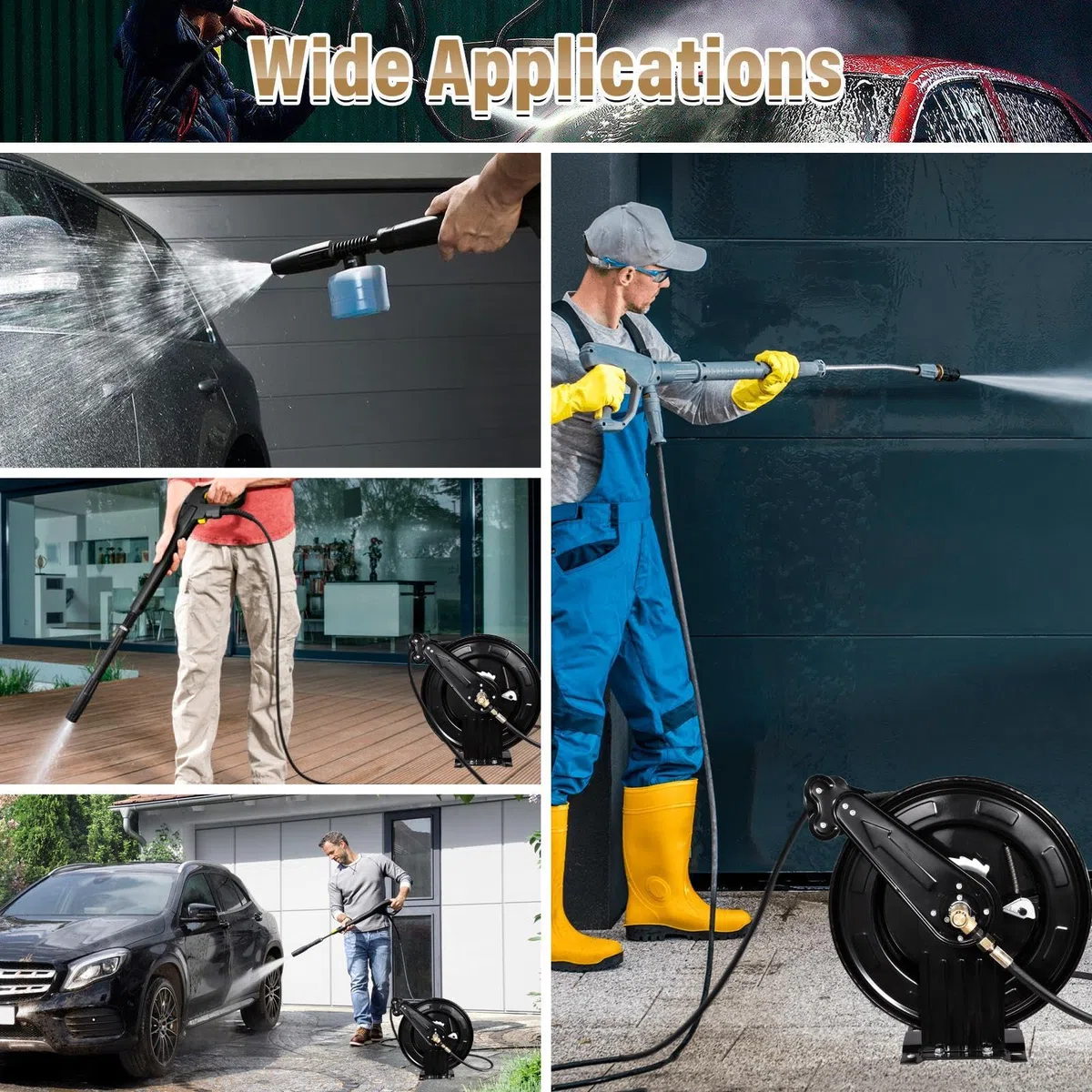 Enrollador De Manguera Para Hidrolavadora Resistente 4000 PSI Rebobinado | Manguera 15 mm X 15 m Brazo Doble Acero Alta Presión Montaje Pared Techo Suelo Para Riego Coche Mascotas Patio