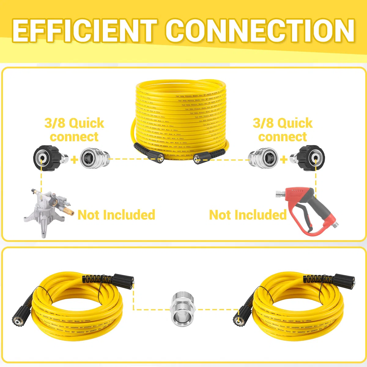 Tool Daily Manguera de lavado a presión de 100 pies x 1/4 pulgadas, manguera de extensión de repuesto para lavadora eléctrica con ajuste M22 de 14 mm, resistente a torceduras, kit de conexión rápida