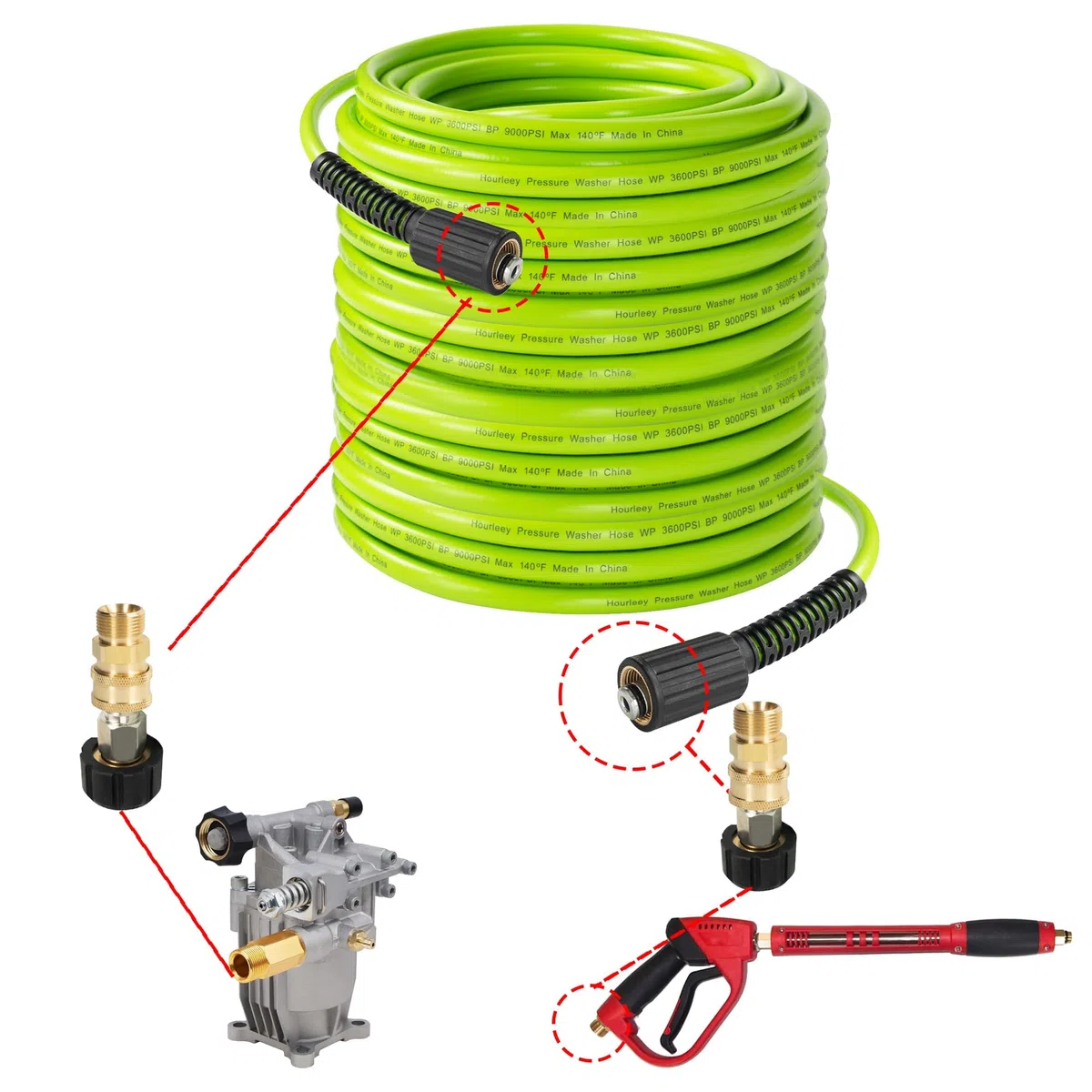 Hourleey Manguera de lavado a presión de 100 pies, 3600 PSI, flexible, resistente a torceduras, repuesto de manguera de presión de conexión rápida de 1/4 pulgadas, color verde