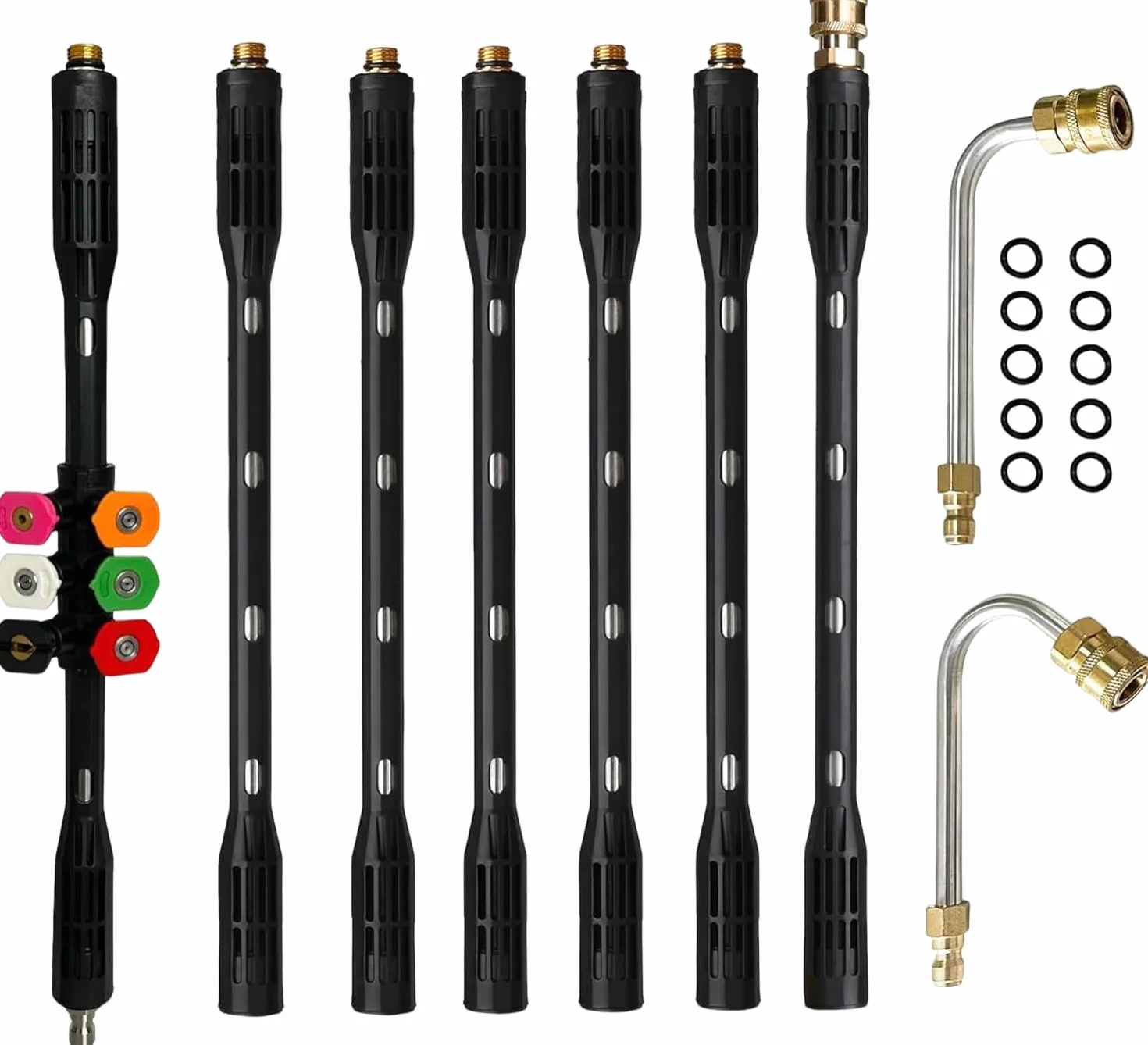 YUET Varilla de extensión para lavadora de alta presión, lanza de lavadora a presión de extensión con 6 puntas de boquilla de pulverización, paquete de 9 accesorios de limpiador de canalones, varilla