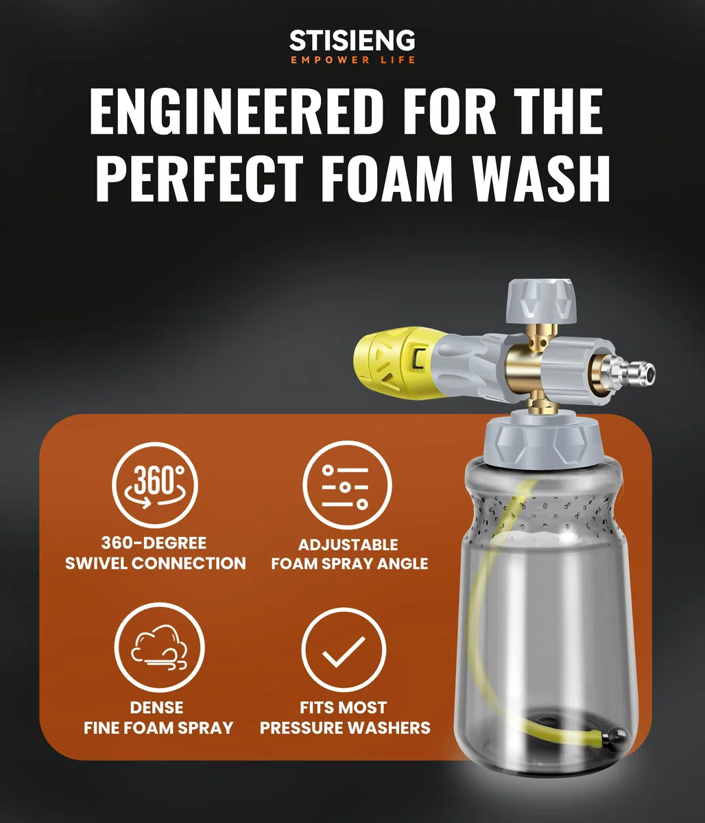 Cañón de espuma profesional para lavadora a presión, pulverizador de espuma de boca ancha de 1 litro con boquilla ajustable, kit de cañón de jabón resistente que incluye orificio de 1,2 mm y