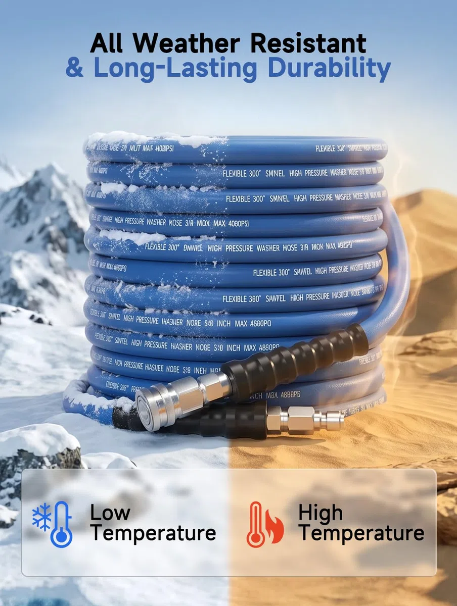 Manguera de lavado a presión de 50 pies resistente a torceduras de 3/8 pulgadas, manguera de lavado a presión trenzada de acero de grado comercial de 4800 PSI para agua caliente y fría, con 2