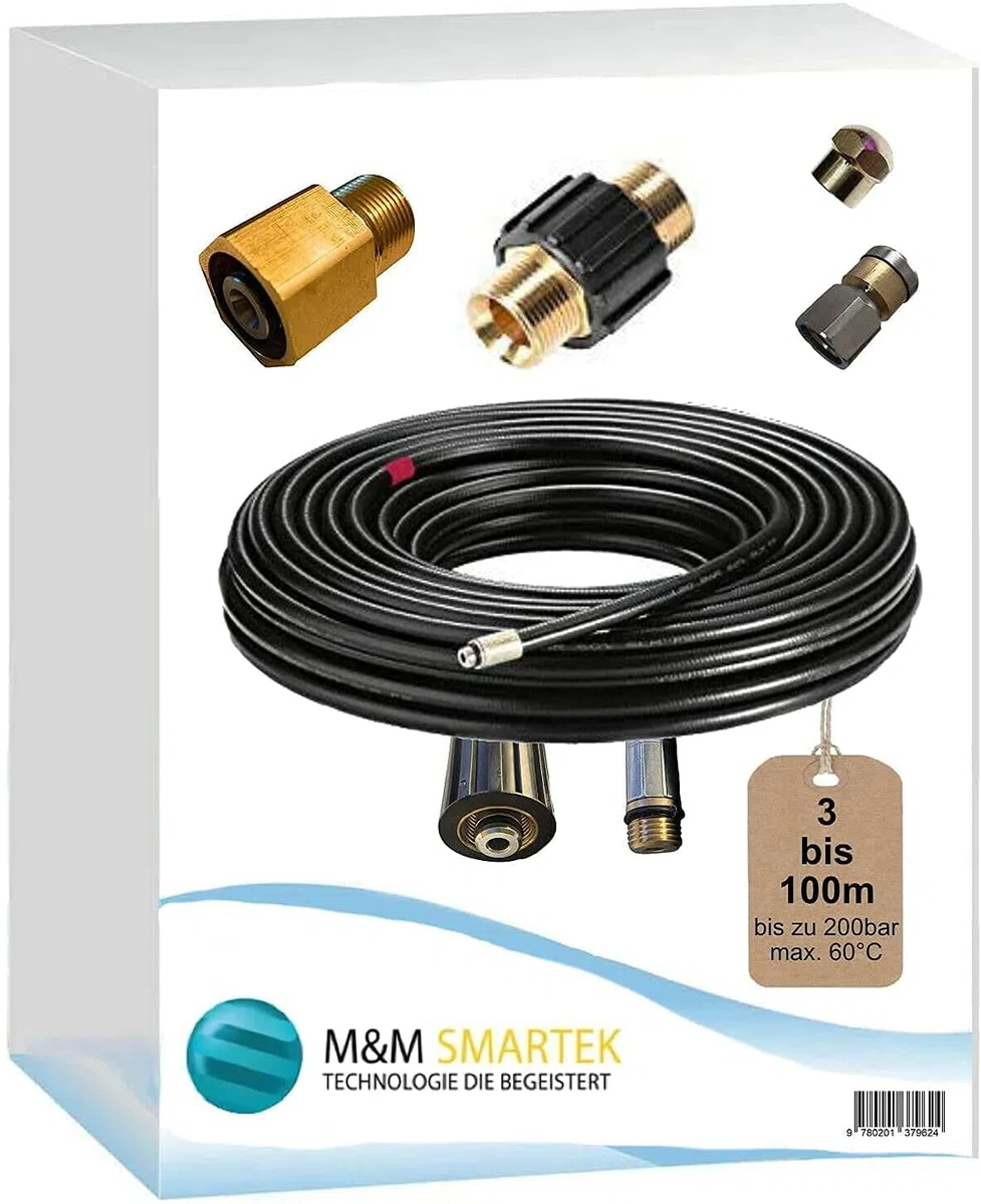 M&M Smartek manguera desatascadora 20 m, kit 5 piezas, para Kärcher/Kränzle | Kit desatascador con manguera, adaptadores y boquillas según variante; comprobar conexiones, presión, contenido y equipo.