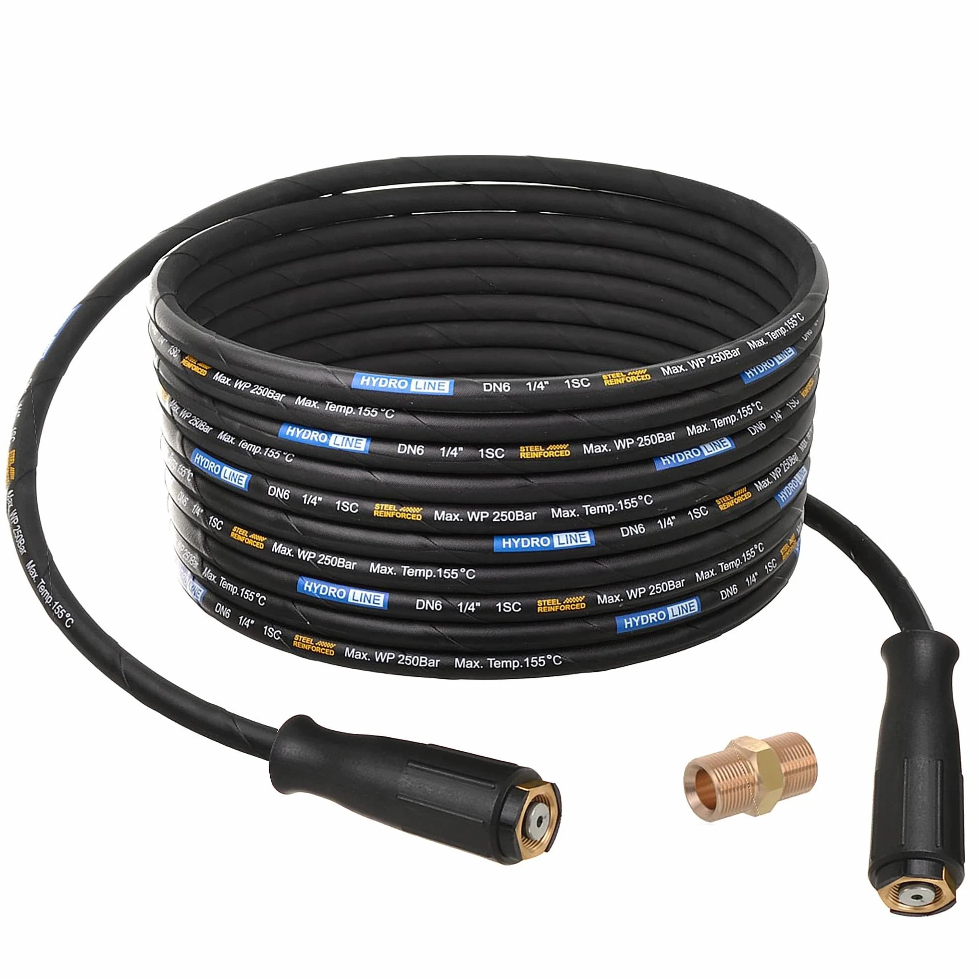TECHKAR Manguera para Hidrolimpiadora + Manguera de Goma con Malla Trenzada de Acero - Compatible con Kärcher Wap Alto Kränzle y Otras W Rosca Macho M22-250bar Tuerca de Unión M22 Protección 10 m