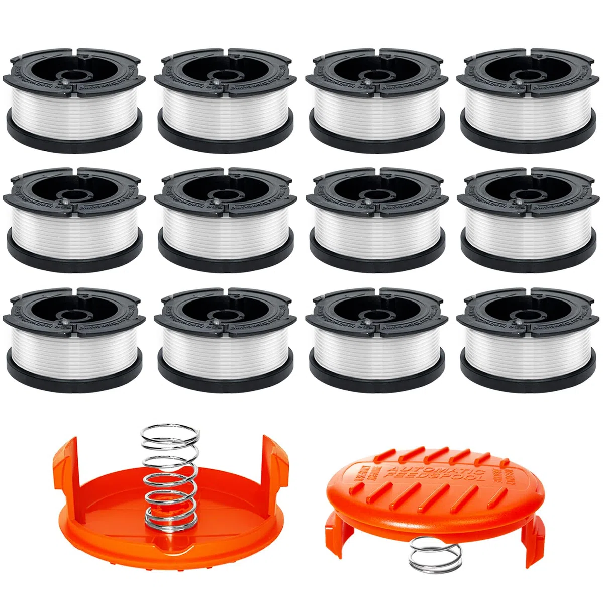 Paquete de 12 cuerdas para malezas compatibles con Black+Decker, 29.5 pies/0.08 pulgadas (AF-100), carrete de repuesto para línea de recortadora Black+Decker (12 carretes, 2 tapas y 2 resortes)