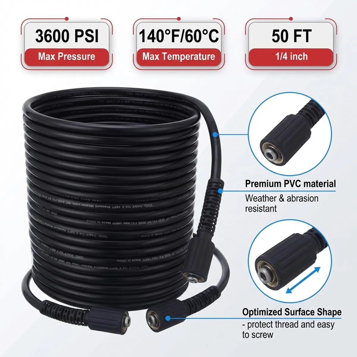 Tool Daily Manguera de lavado de alta presión de 50 pies x 1/4 pulgadas, 3600 PSI, M22 de 14 mm, manguera de repuesto para la mayoría de marcas