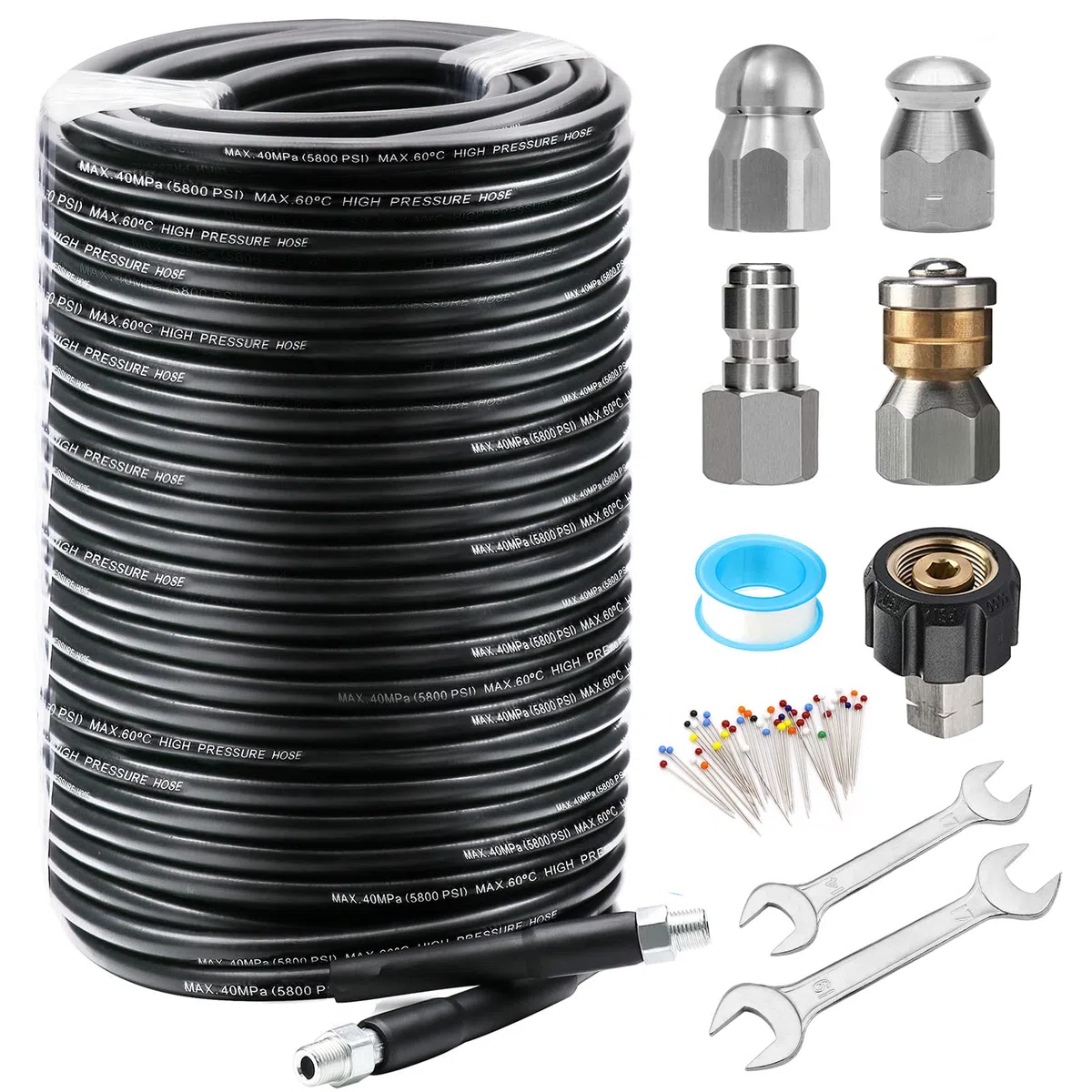West Bay Kit de chorro de alcantarillado de 200 pies para lavadora a presión, manguera limpiadora de drenaje de 5800 PSI, rotación de esquina NPT de 1/4 pulgadas y botón de nariz de alcantarillado,