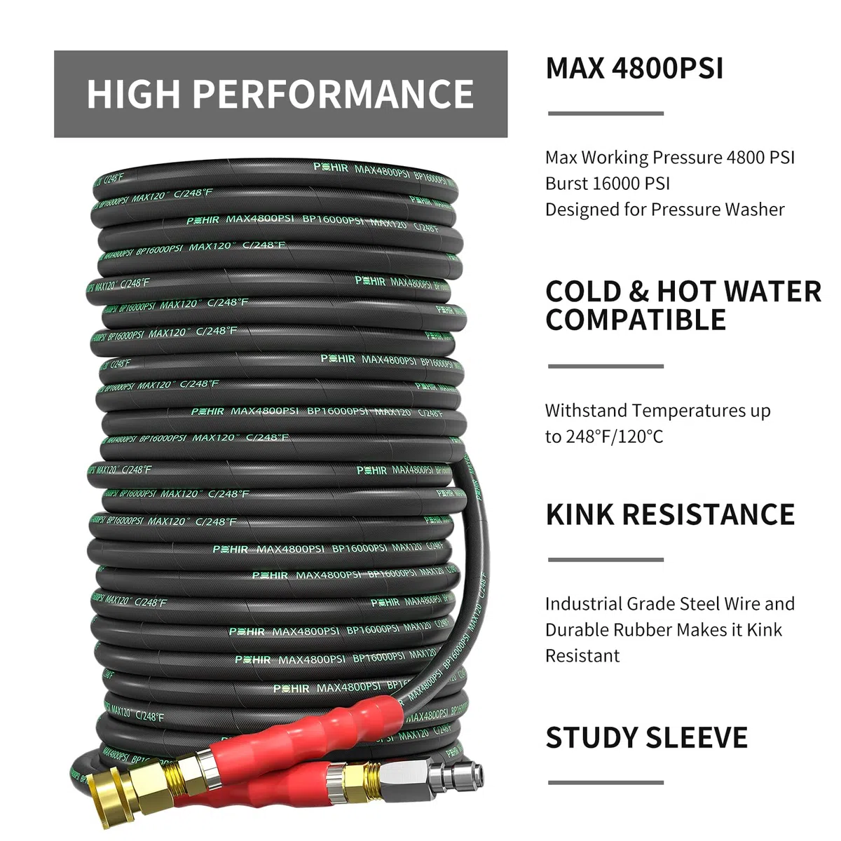POHIR Manguera de lavado a presión de 3/8 pulgadas, 150 pies, 3800 psi, resistente a torceduras, alambre trenzado de alta resistencia, manguera de lavado eléctrico, agua fría y caliente, máximo 120.0