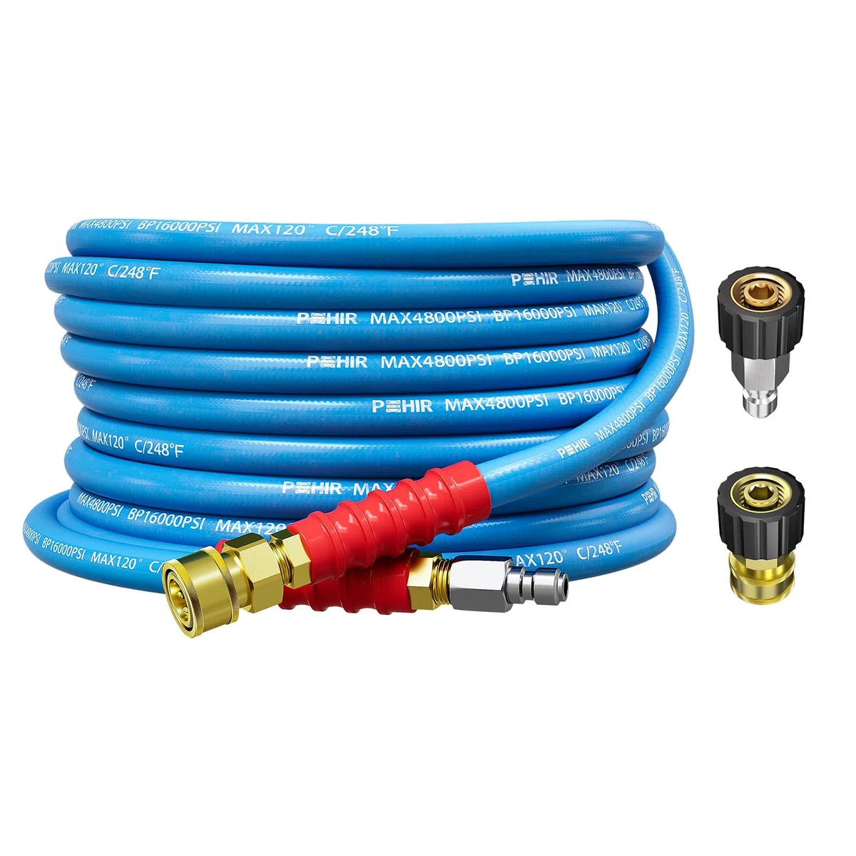 POHIR Manguera de lavado a presión de 25 pies de 3/8 pulgadas 4800 PSI, manguera de grado industrial resistente a las torceduras con extremos de conexión rápida y adaptadores para agua caliente y fría | Manguera sin marcas para agua fría y caliente hasta