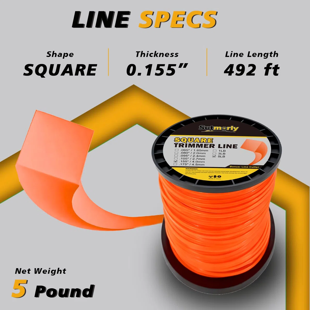 Turfson - Cuerda para recortadora de cuerda (0,095 pulgadas por 1765 pies, 5,5 libras, espiral de alta calidad en carrete, cable para recortadora de servicio pesado)