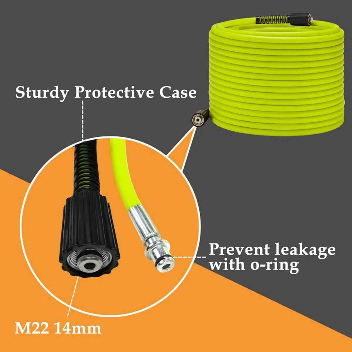 Manguera Hidrolimpiadora,15 m x 0.6 cm, con 5 piezas Conector Rápido,Manguera de Alta Presión con Accesorios M22 de 14 mm, 3600 PSI