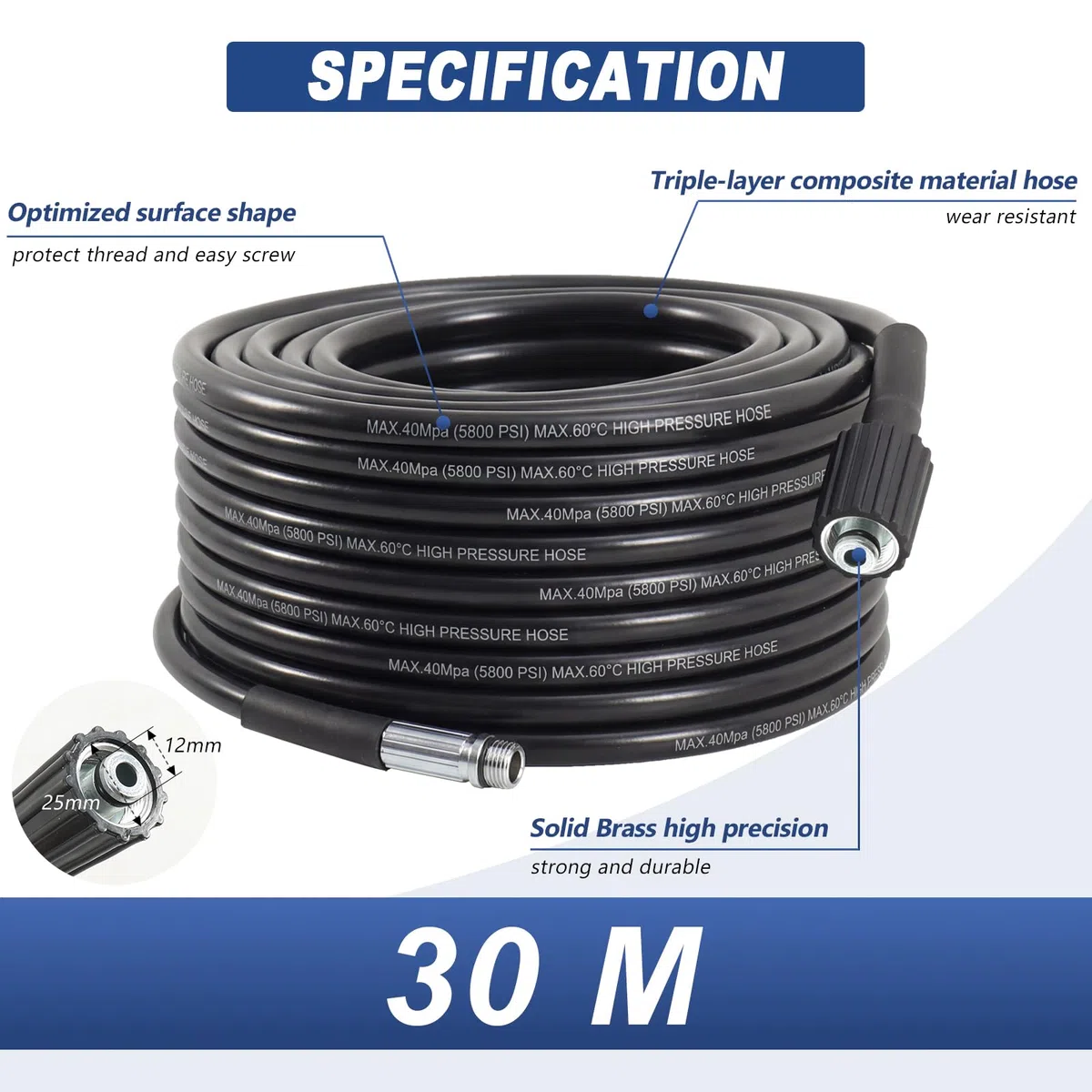 Desatascador Tuberias a Presion 30 m, Manguera de Limpieza de Tuberías 400 Bar/5800 PSI, Manguera Hidrolimpiadora con 5 Boquillas y Adaptador, Compatible con Karcher K2-K7