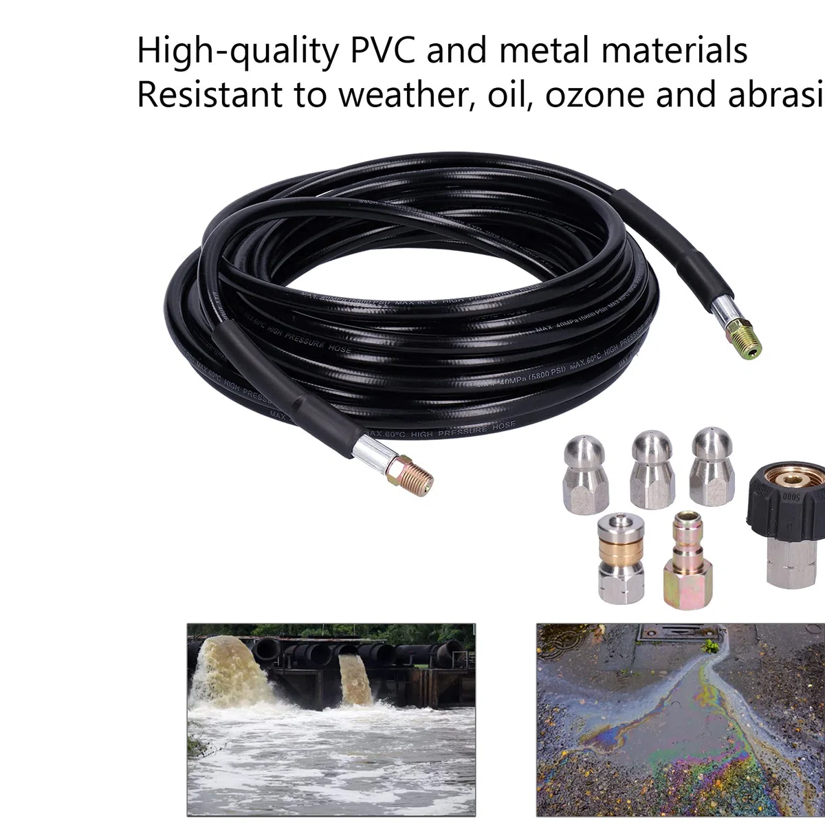 Kit de Limpieza de desagües con Manguera para desatascos y Chorro a presión, Manguera de 10 Metros para Lavadora a presión con Conector rápido y Boquilla giratoria, para el