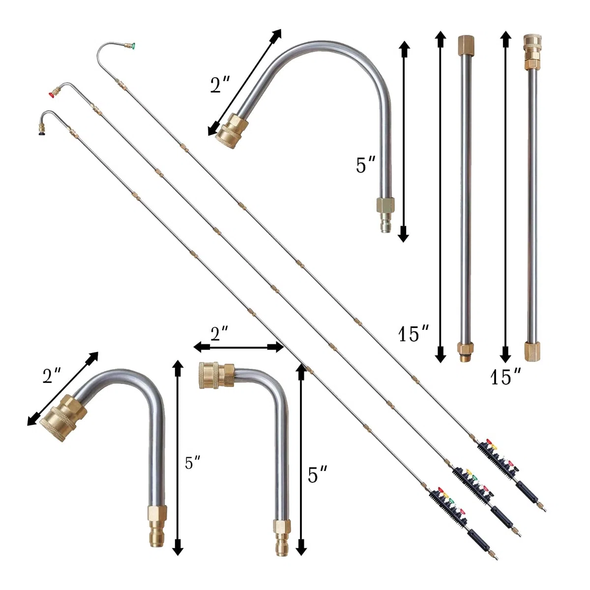 Varilla de Extensión para Lavadoraa Presión 4000 PSI con 5 Varillas Rectas, 3 Curvas y 6 Boquillas - Conexión Rápida 1/4 Pulgadas para Limpieza de Canalones, Techos, Paredes y Ventanas Altas