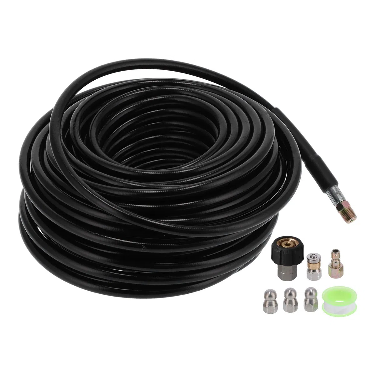 FTVOGUE Kit de Chorro de Alcantarillado para Lavadora a Presión, Manguera de Limpieza de Drenaje de Goma de PVC de 100 Pies, 5800 PSI con Boquillas de 3 Botones y Boquilla Giratoria para Drenaje