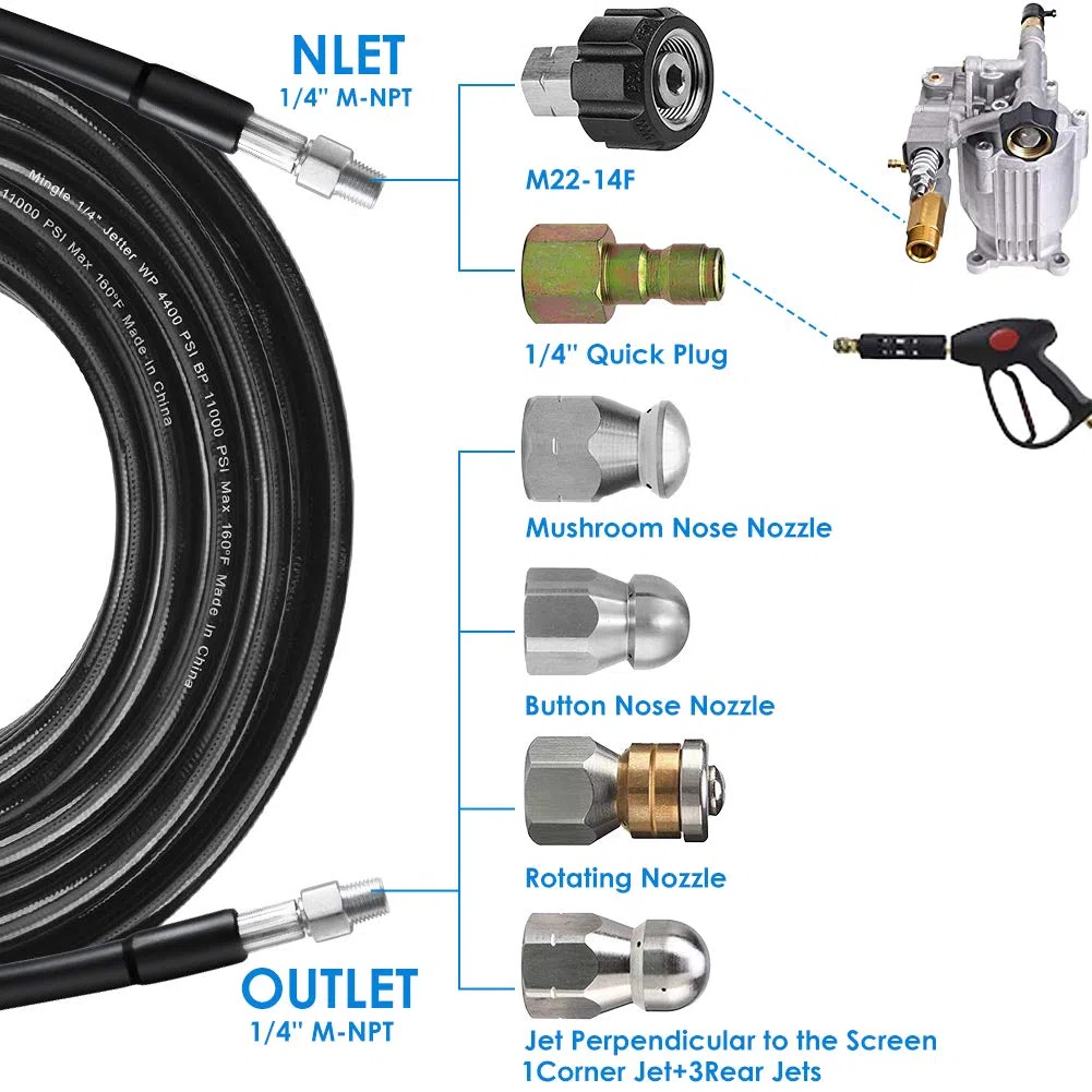 Kit de chorro de alcantarillado para lavadora a presión de 150 pies, manguera limpiadora de drenaje de 5800 PSI, esquina NPT de 1/4 pulgadas, boquilla giratoria y de botón, boquilla de chorro