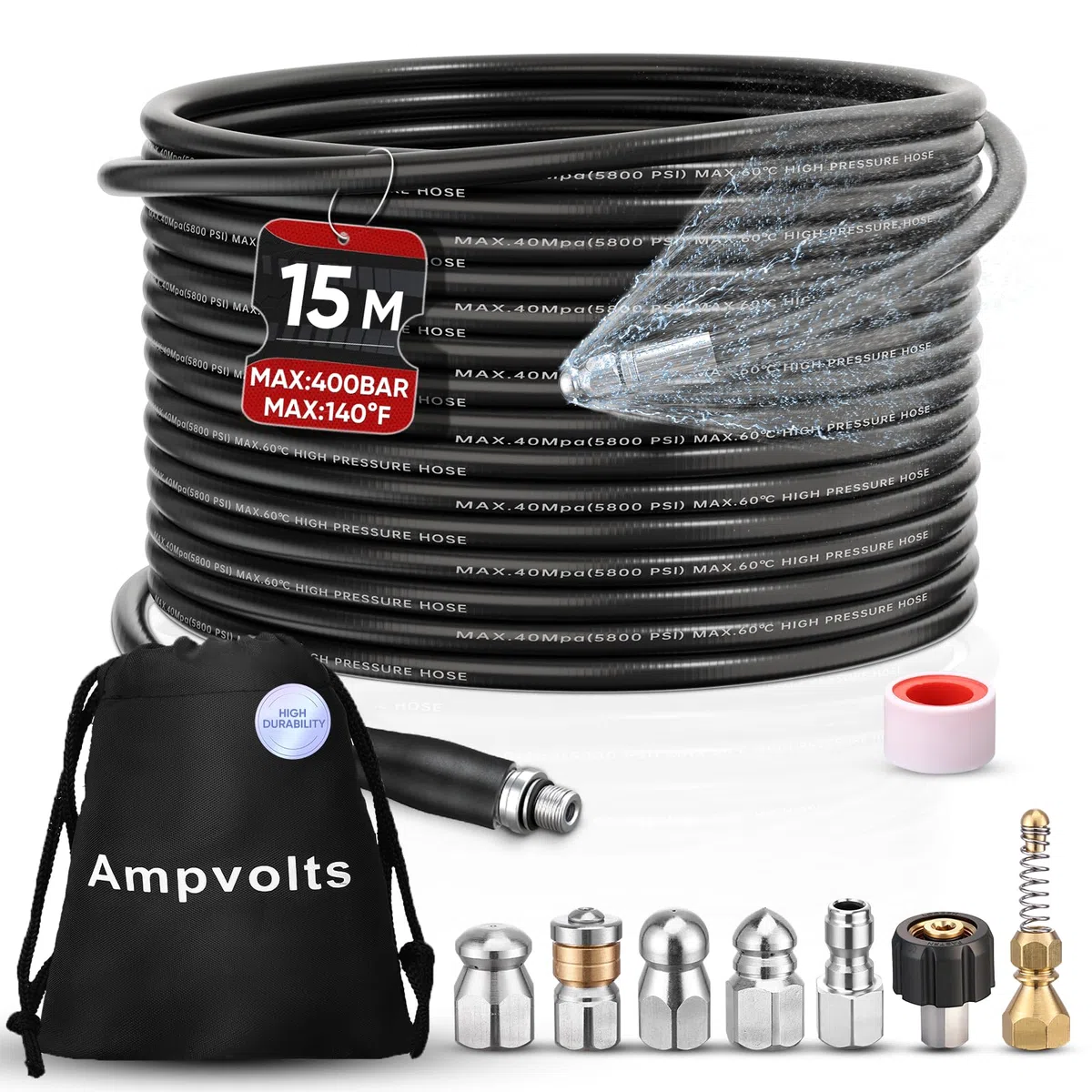Kit de chorro de alcantarillado de 50 pies para lavadora a presión, manguera de limpieza de drenaje de 5800 PSI con 5 boquillas de chorro y 2 adaptadores, compatible con pistolas de