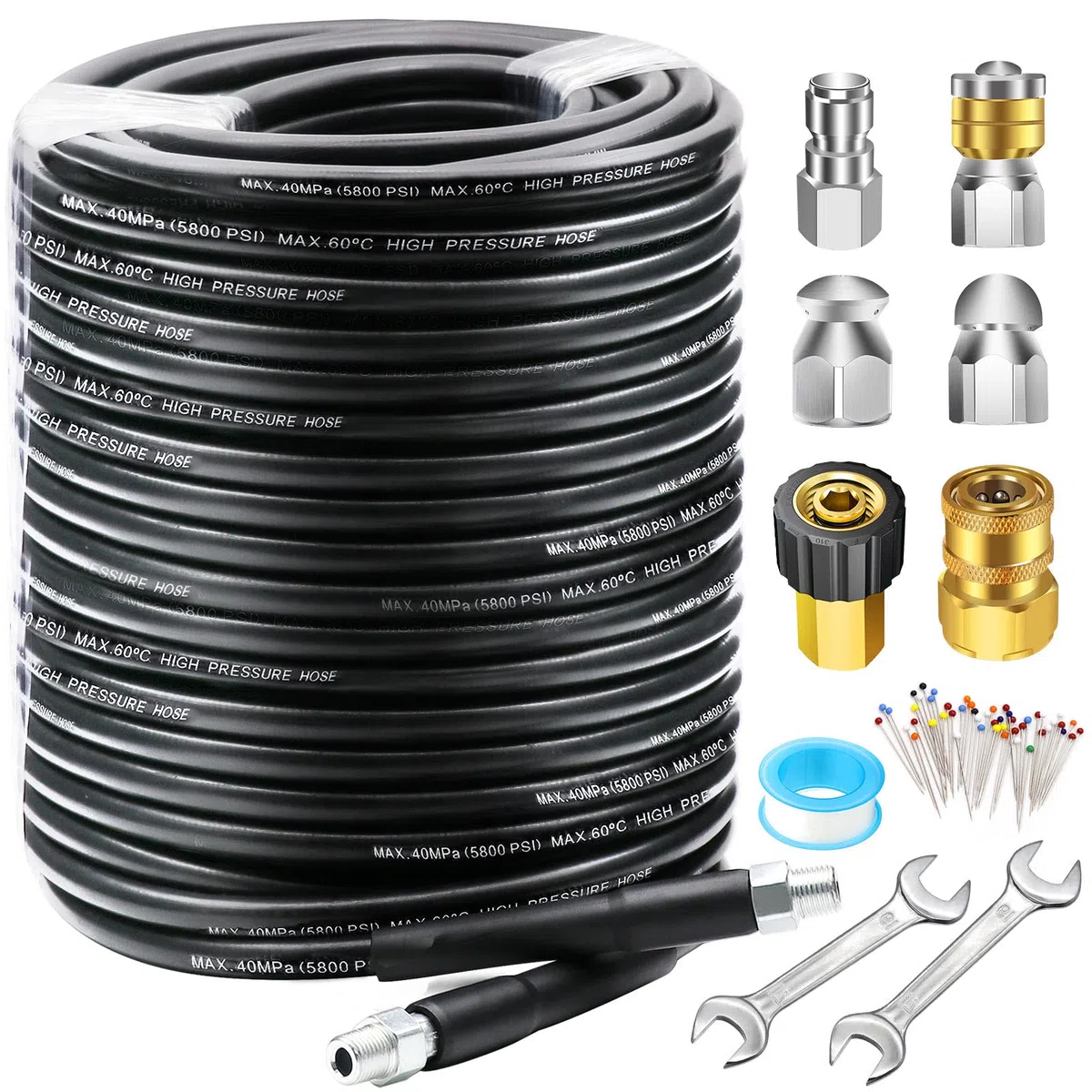 WEST Bay Kit de chorro de alcantarillado de 150 pies para lavadora a presión, manguera limpiadora de drenaje de 5800 PSI, NPT de 1/4 pulgadas, esquina, giratorio, boquilla de chorro de alcantarillado