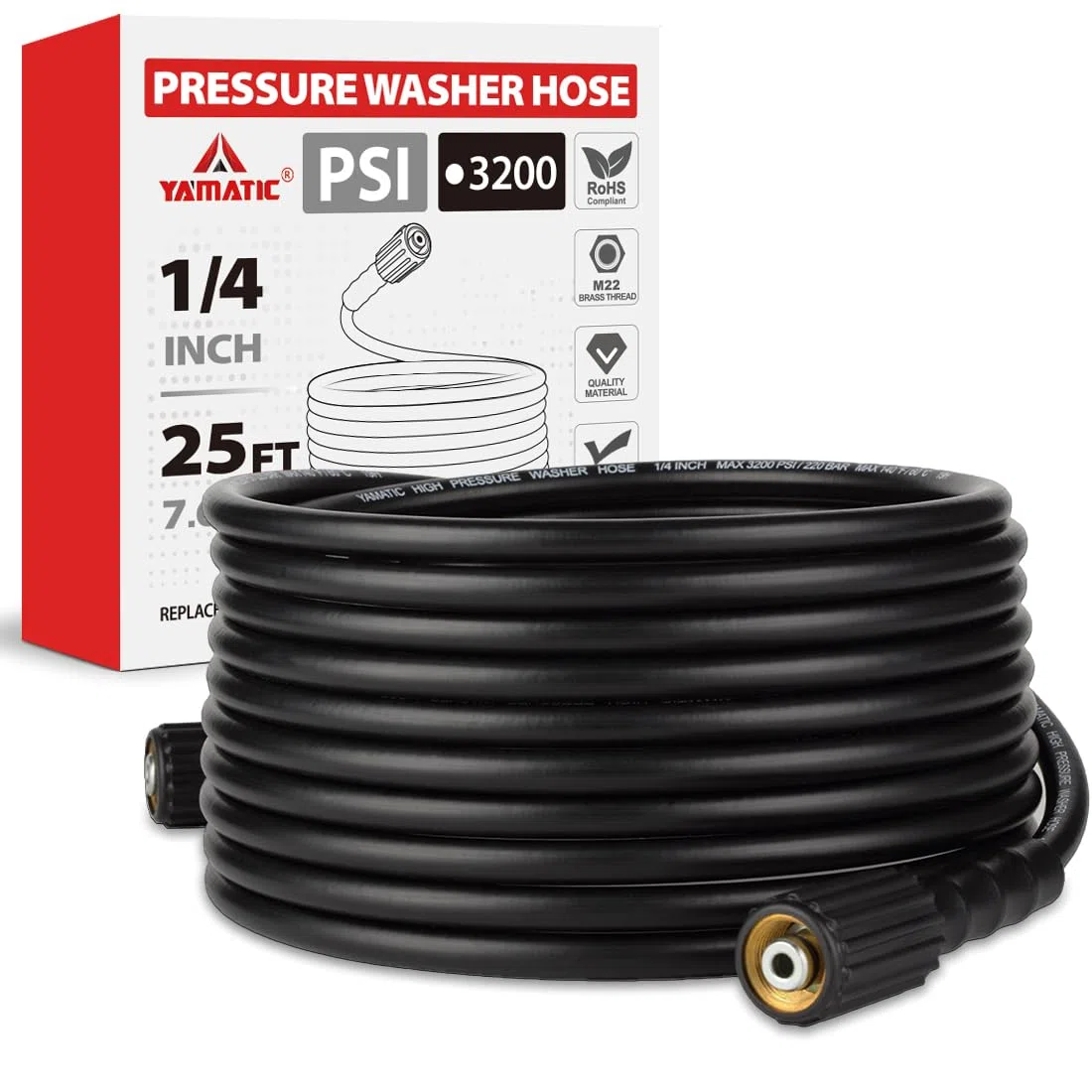 YAMATIC Manguera de lavado a presión de 25 pies 1/4 pulgadas ID, accesorios de latón M22 estándar de Estados Unidos, 3200 PSI resistente a las torceduras de repuesto para lavadoras de alta potencia