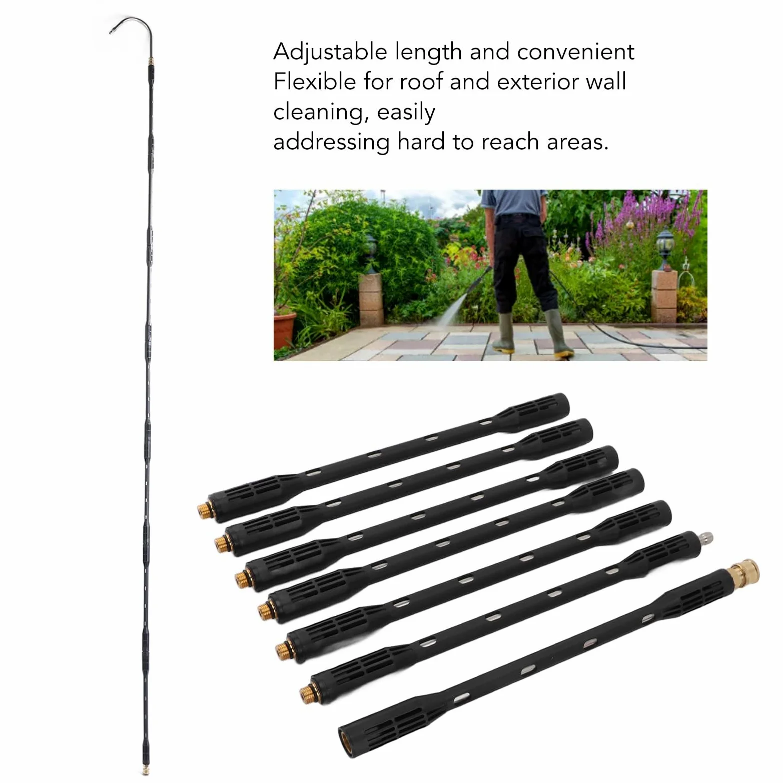 Lanza de Lavado a Presión de Acero Inoxidable, Varilla de Extensión con Carcasa Negra, Longitud Ajustable, Ideal para Entradas, Cubiertas, Techos, con Lanza de Lavado a Presión