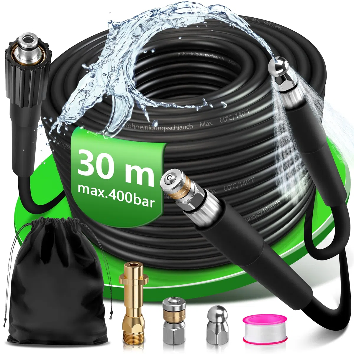 30m Manguera de limpieza de tuberías con adaptador M22, boquillas de latón rígidas + giratorias, 400 bar, adecuado con K2, K3, K4, K5, K6, K7, limpiador de desagüe, juego de limpieza de tuberías
