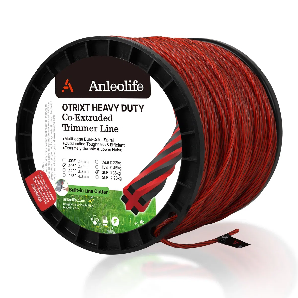 A ANLEOLIFE Bobina de línea de recortadora Octa-Twist de 3 libras de alta resistencia de 0.105 pulgadas por 700 pies, cuerda para comer malas hierbas en espiral coextruida OTRIXT, color rojo