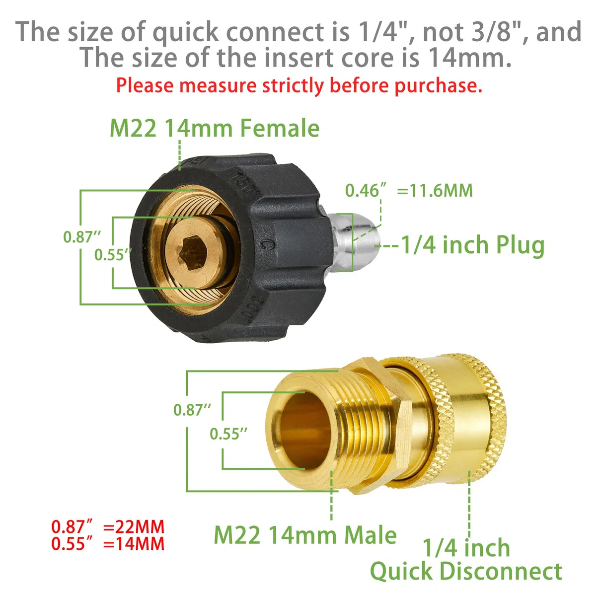 FIXFANS Juego de adaptadores para lavadora a presión, M22 de 14 mm a 1/4 pulgadas, kit de accesorios de conexión rápida, pistola de conexión rápida a manguera (2 x 2, 2 unidades)