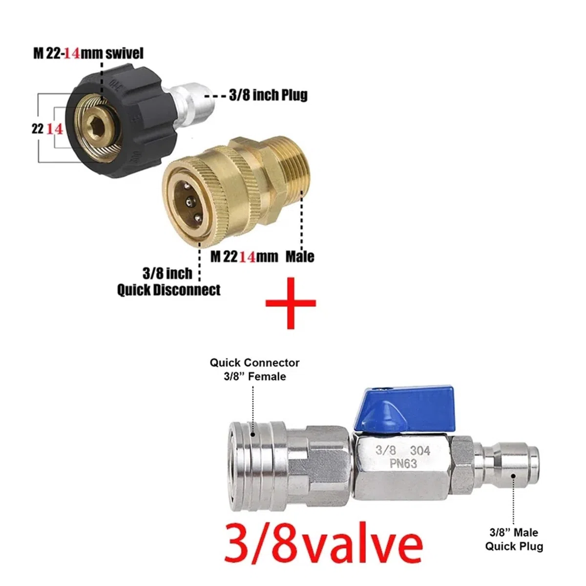 SBTRKT Juego de válvula adaptadora for Lavadora a presión, Kit de conexión rápida métrico M22 de 14Mm a Hembra de 3/8 Pulgadas, Conector Macho M22 de 5000 PSI