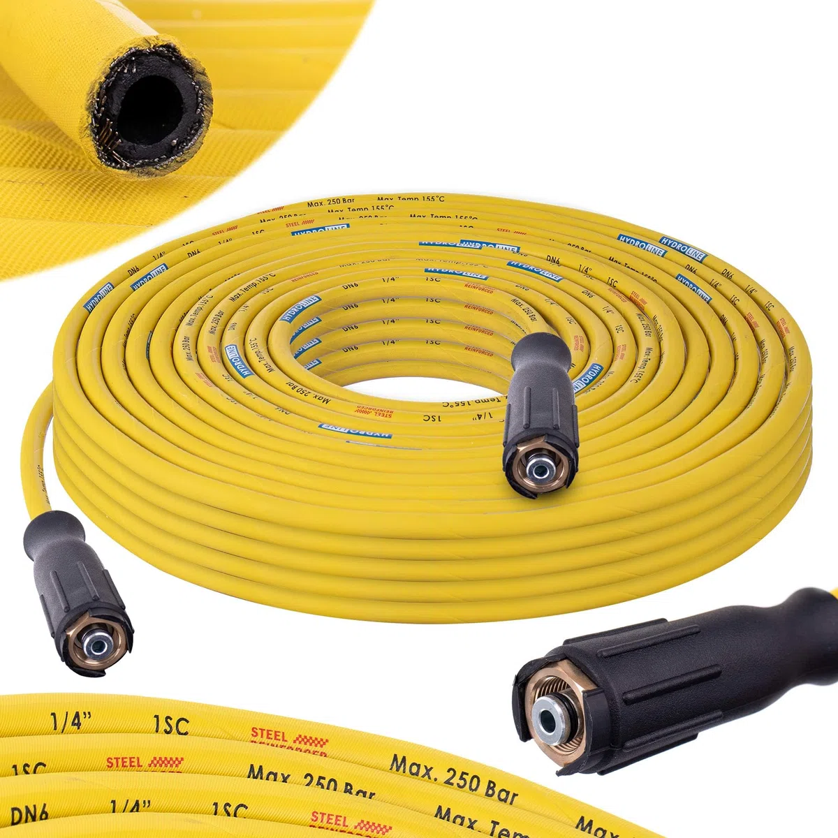 Manguera de alta presión de 25m de extensión 250bar AMARILLA Trenzado de acero DN6 M22 compatible con Kärcher HD HDS