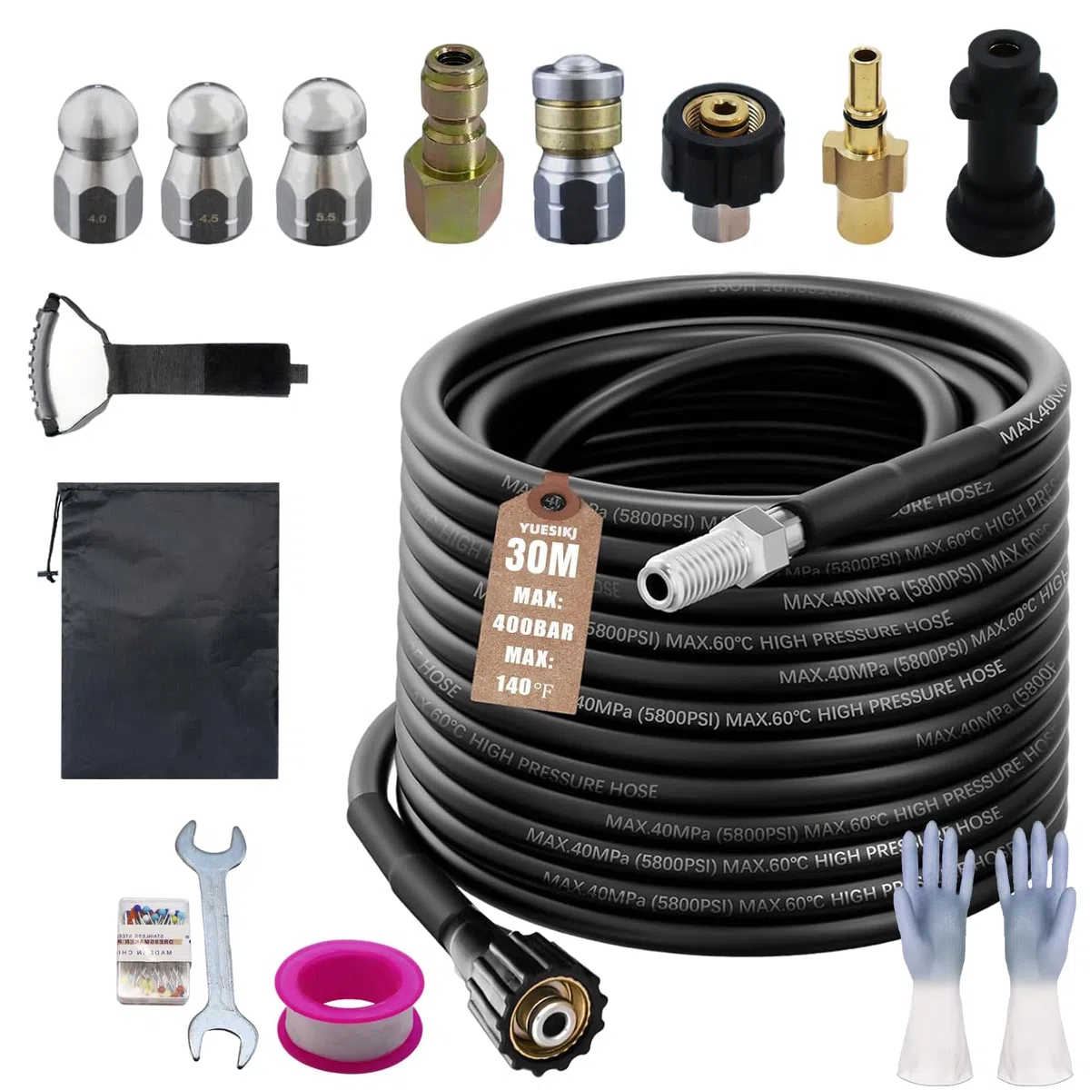 Juego de manguera universal para limpieza de tuberías de 30 m, para limpiadores de alta presión, 5800 PSI/400 bar, incluye boquilla giratoria y boquilla de chorro compatible con Kärcher K2-K7, Bosch