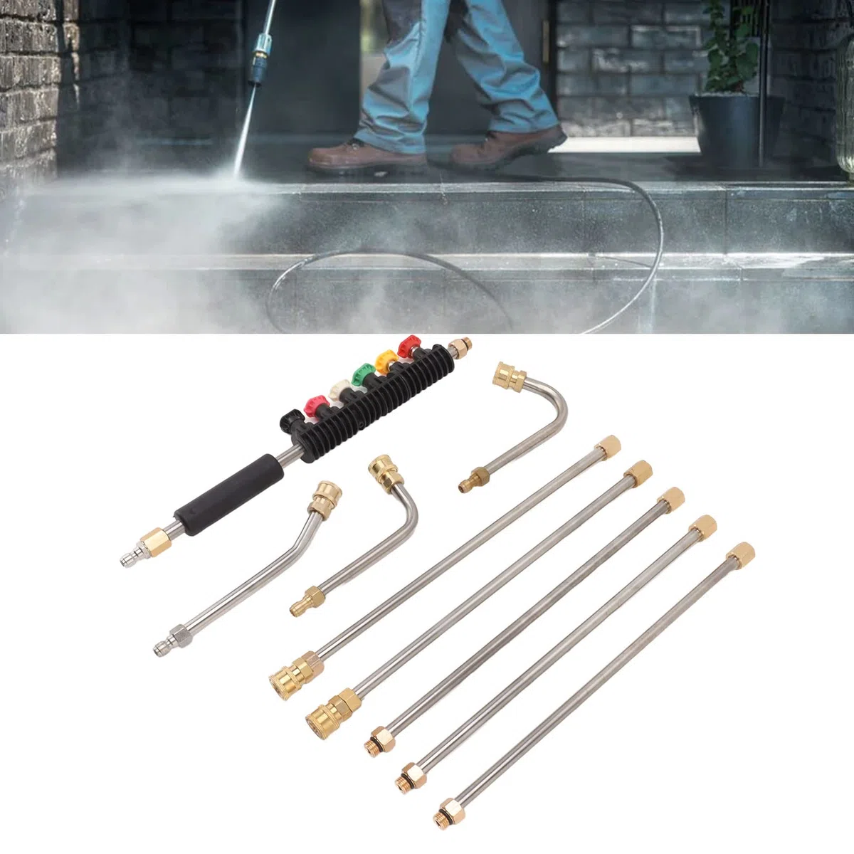 Annadue Varita de Extensión para Lavadora a Presión, Juego de 5 Varillas Rectas y 3 Varillas Curvas, Lanza para Lavadora Eléctrica con 6 Boquillas, Conexión Rápida de 1/4 Pulgadas para Limpieza de
