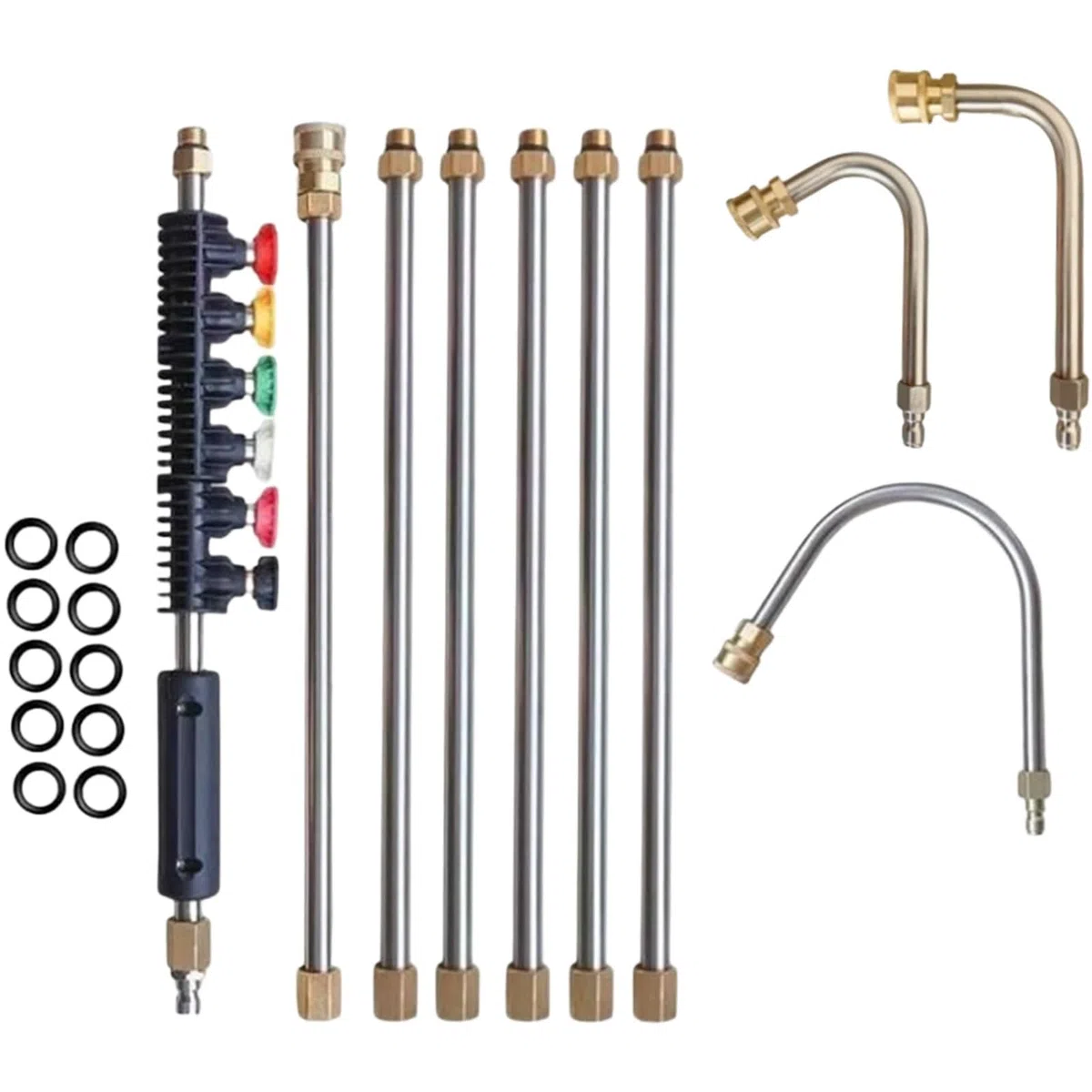 Varilla de Extensión para Lavadoraa Presión 4000 PSI con 5 Varillas Rectas, 3 Curvas y 6 Boquillas - Conexión Rápida 1/4 Pulgadas para Limpieza de Canalones, Techos, Paredes y Ventanas Altas