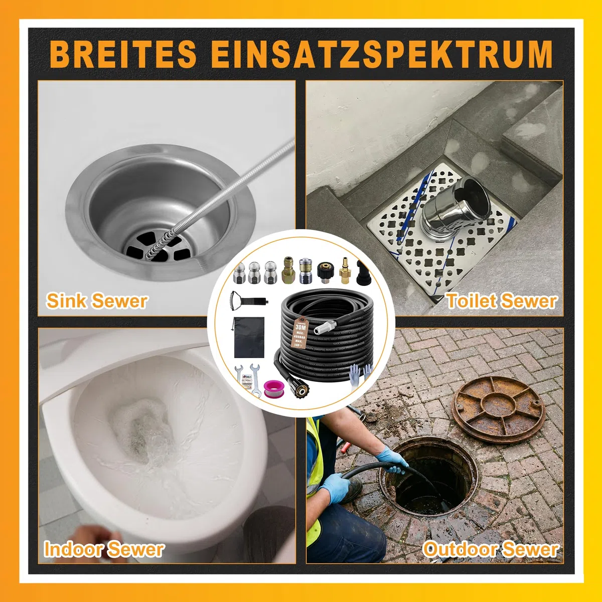 Juego de manguera universal para limpieza de tuberías de 30 m, para limpiadores de alta presión, 5800 PSI/400 bar, incluye boquilla giratoria y boquilla de chorro compatible con Kärcher K2-K7, Bosch