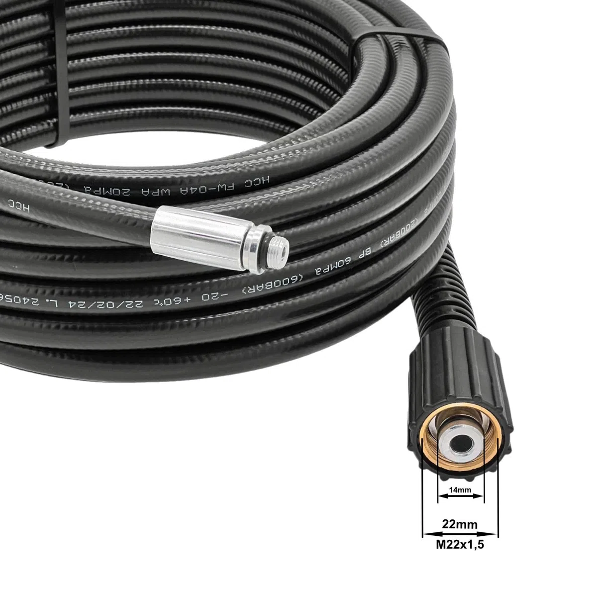 M&M Smartek manguera tuberías 15 m M22, boquilla rígida + giratoria | Kit desatascador con manguera, adaptadores y boquillas según variante; comprobar conexiones, presión, contenido y equipo.