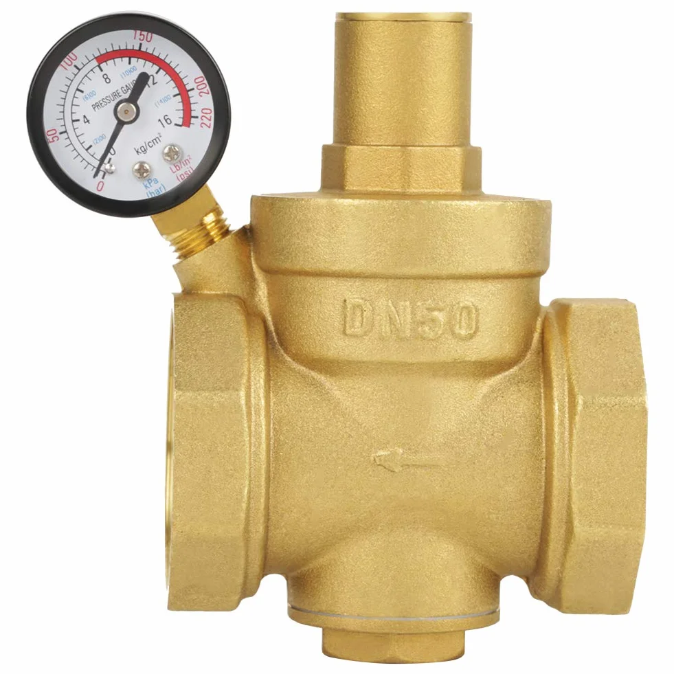 Válvula reductora de presión, BSP DN50 Latón de 2 pulgadas Reducción de presión de agua Control de agua ajustable Regulador de presión Rosca de válvula con medidor de nivel 1.6
